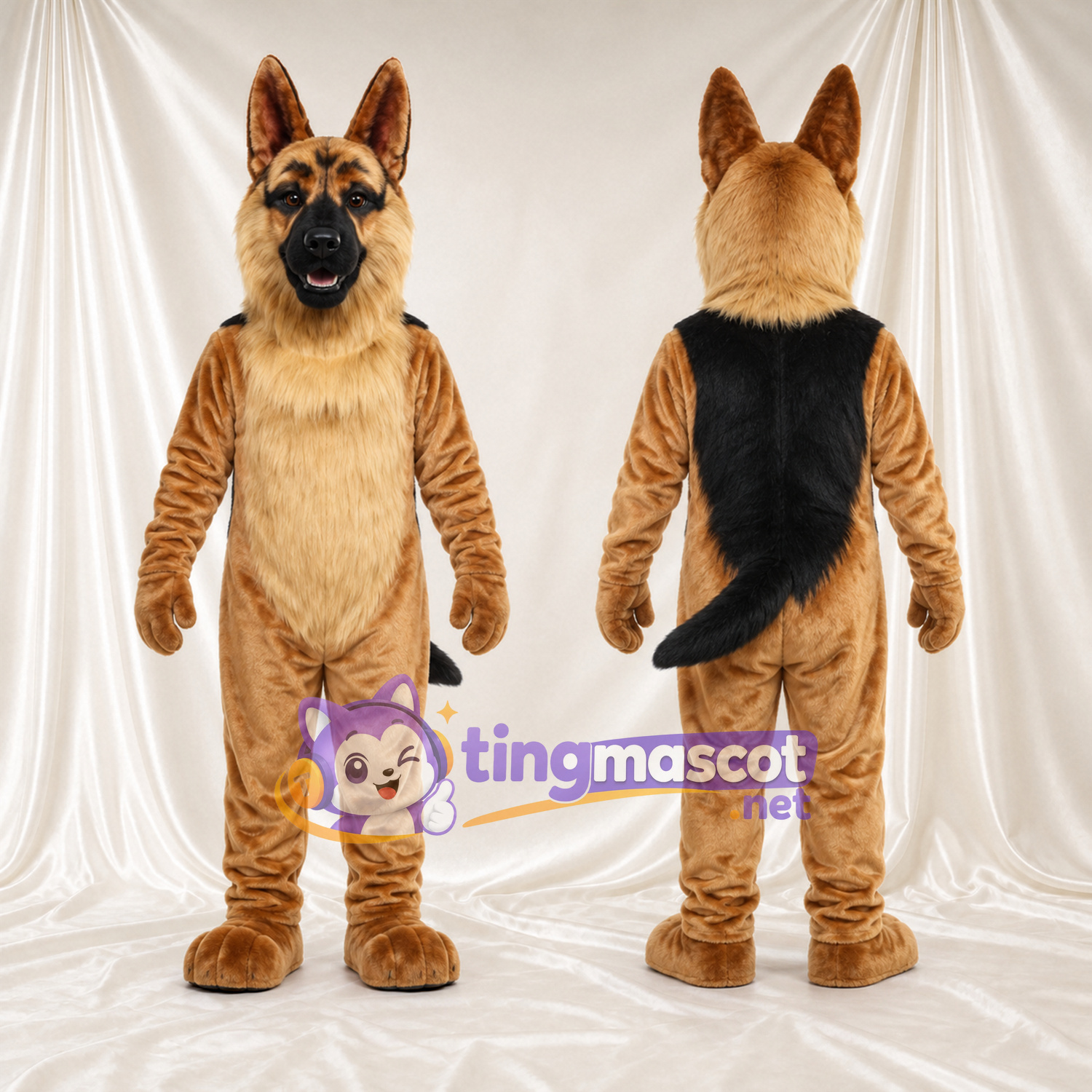 Maskottchenkostüm Deutscher Schäferhund – wie abgebildet – Fell (hellbraun); Schnauze (schwarz) Maskottchenkostüm Deutscher Schäferhund – wie abgebildet – Fell (hellbraun); Schnauze (schwarz)