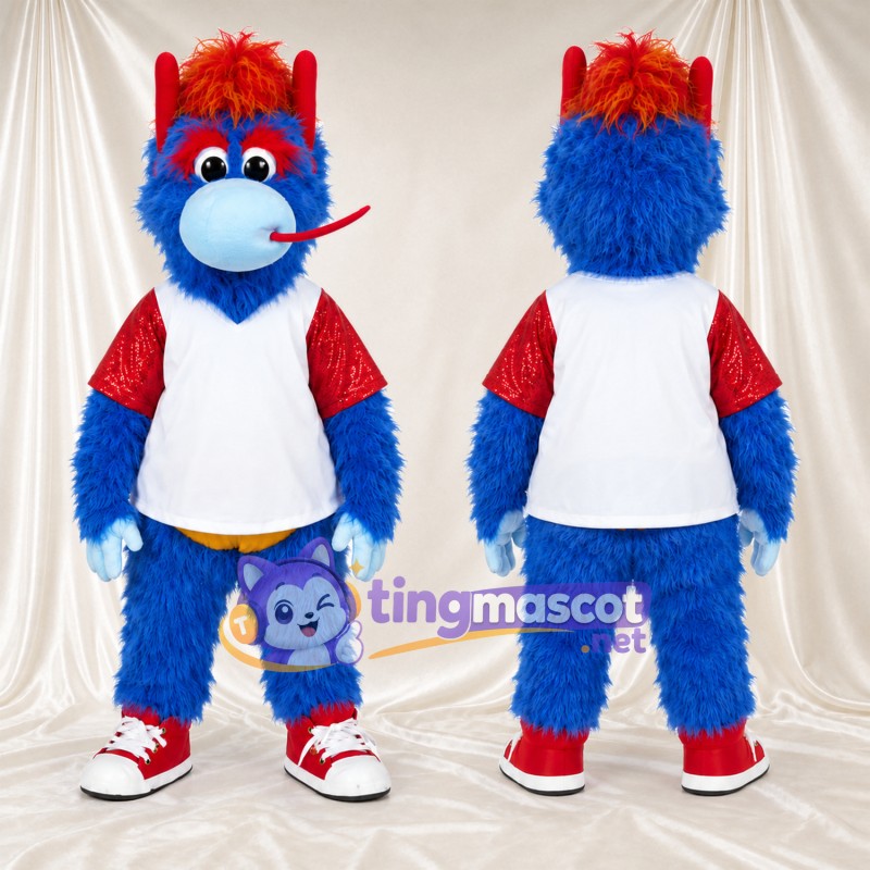 Blue Dragon Mascot Costume - Red Crest and White Sports Shirt