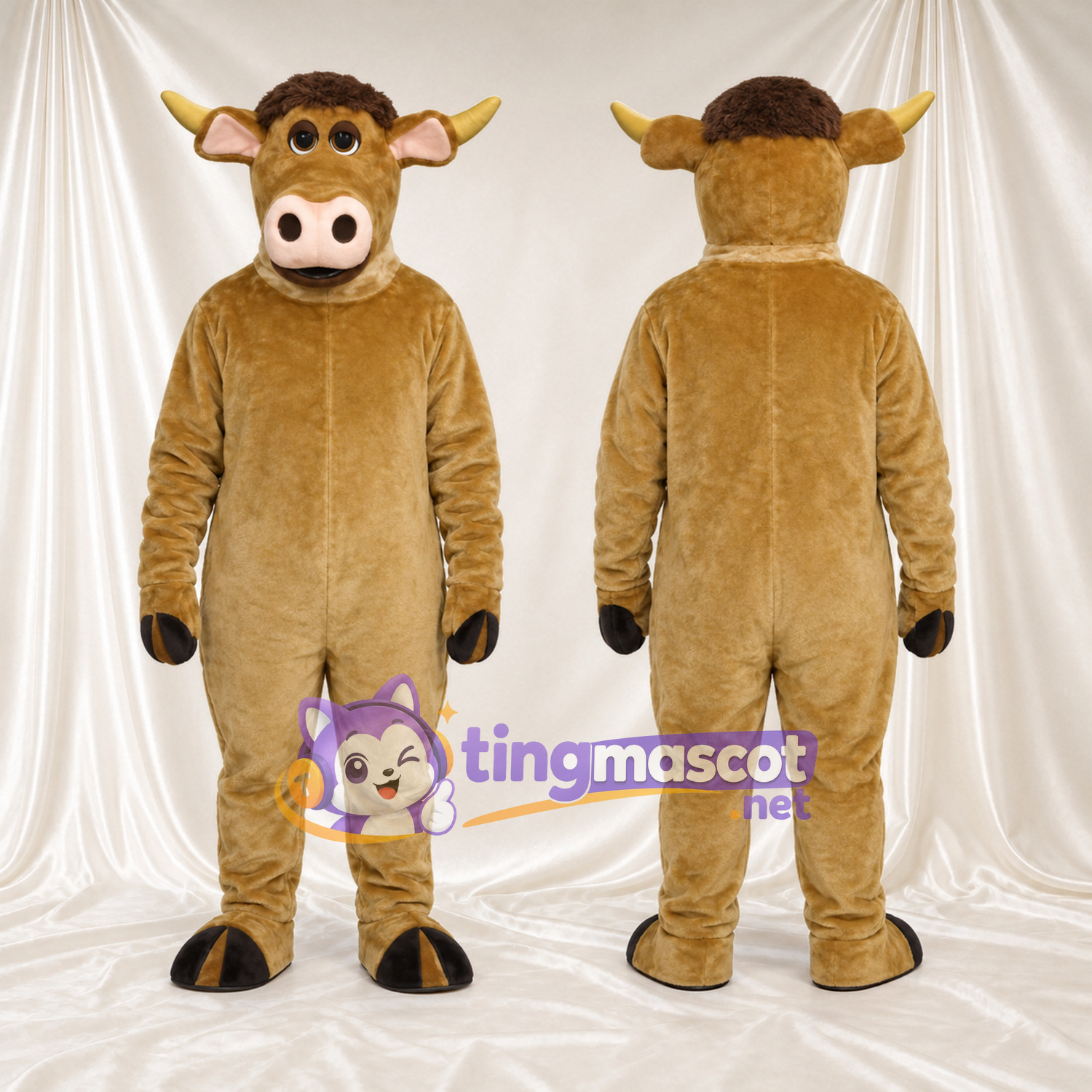 Costume de mascotte Taureau – brun clair – Cornes (court, jaune); Sabots (noir) Costume de mascotte Taureau – brun clair – Cornes (court, jaune); Sabots (noir)