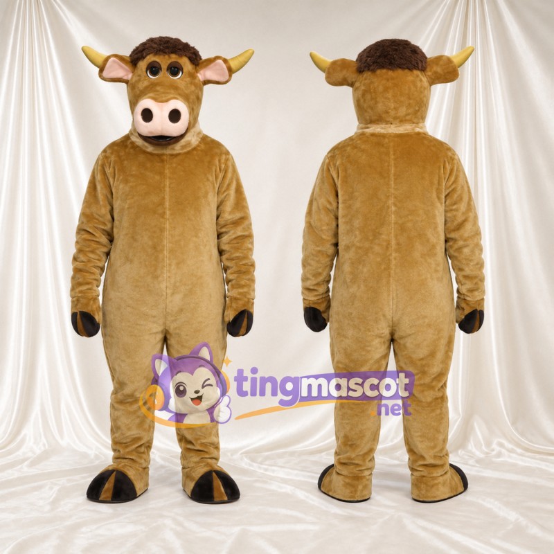 Costume de mascotte Taureau – brun clair – Cornes (court, jaune); Sabots (noir)