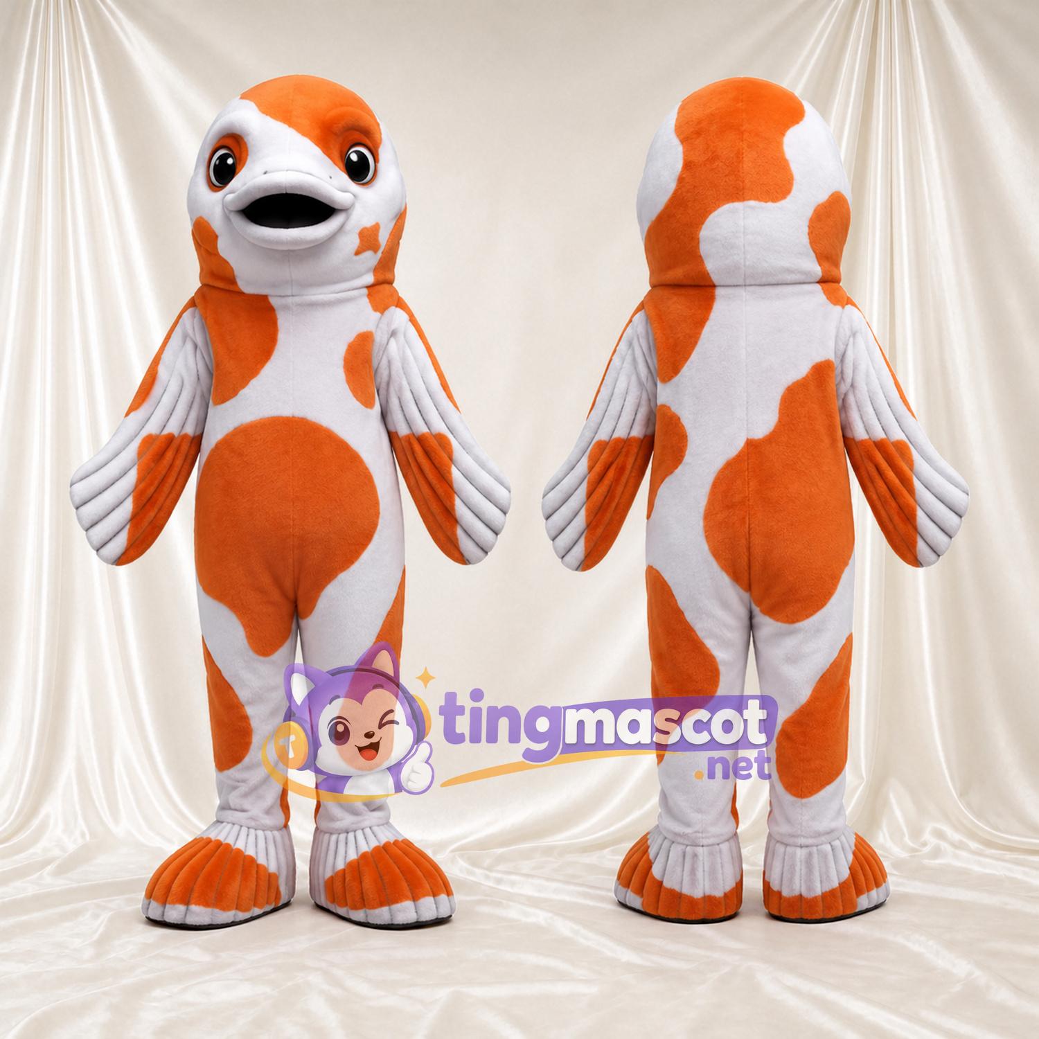 Maskottchenkostüm Fisch – orange / weiß – Flossen (gestreift); Mund (rund) Maskottchenkostüm Fisch – orange / weiß – Flossen (gestreift); Mund (rund)
