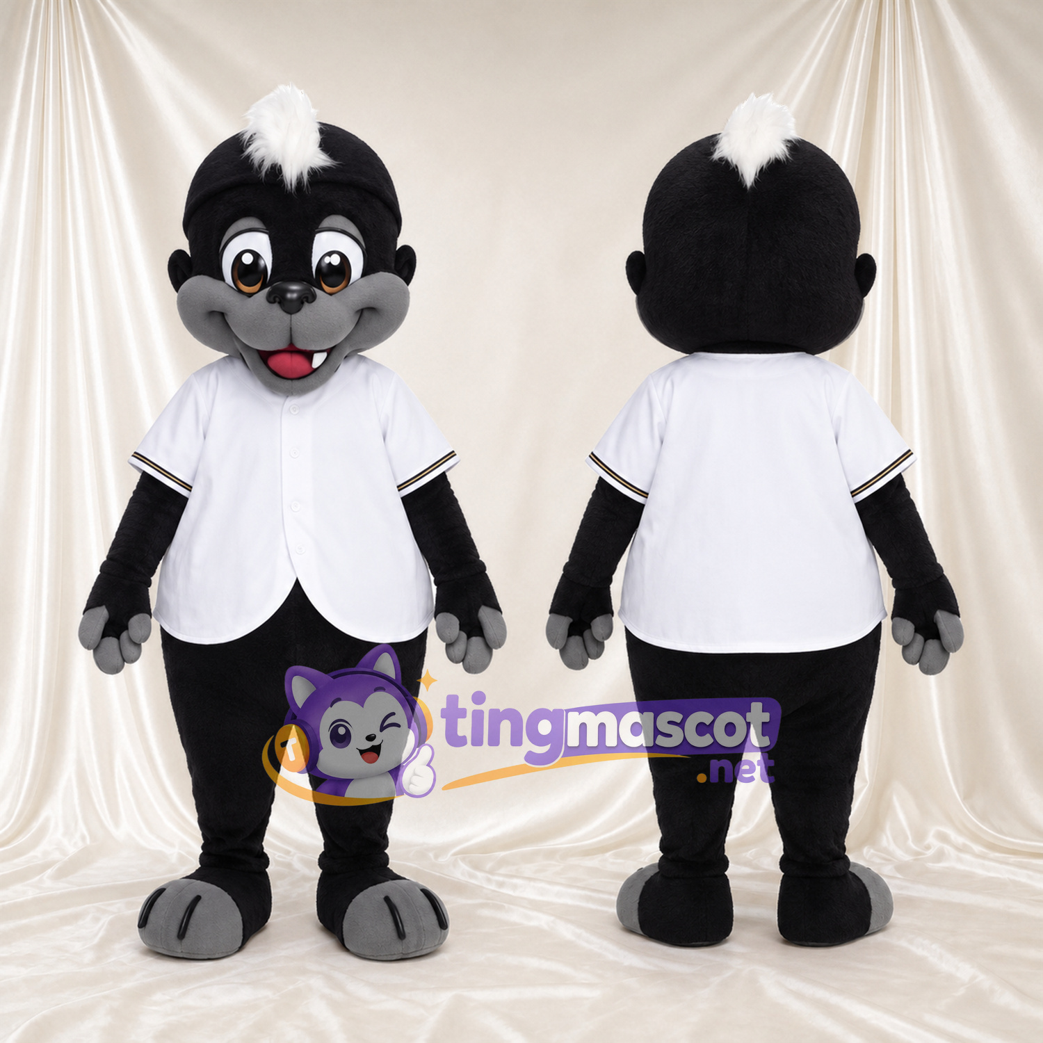Costume de mascotte Mouffette – noir – Chemise (blanc); Joues (gris) Costume de mascotte Mouffette – noir – Chemise (blanc); Joues (gris)