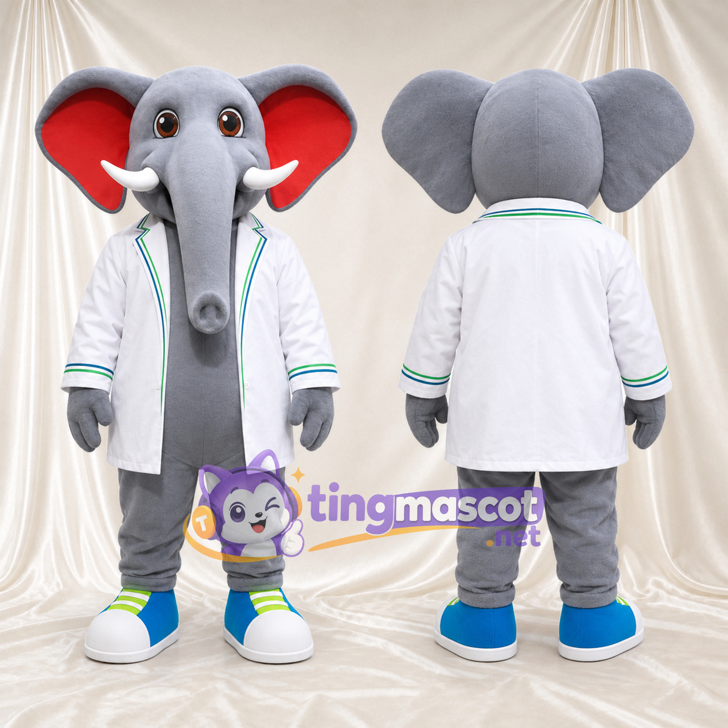 Costume de mascotte Éléphant – gris – Chemise (blanc); Baskets (bleu) Costume de mascotte Éléphant – gris – Chemise (blanc); Baskets (bleu)