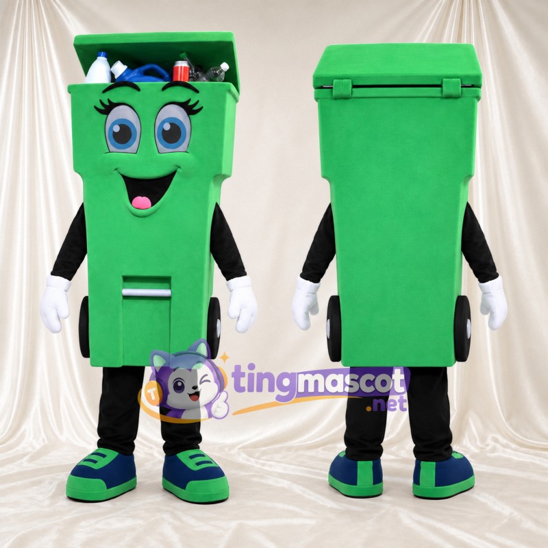 Costume de mascotte Bac de recyclage – vert – Couvercle (ouvert); Visage souriant