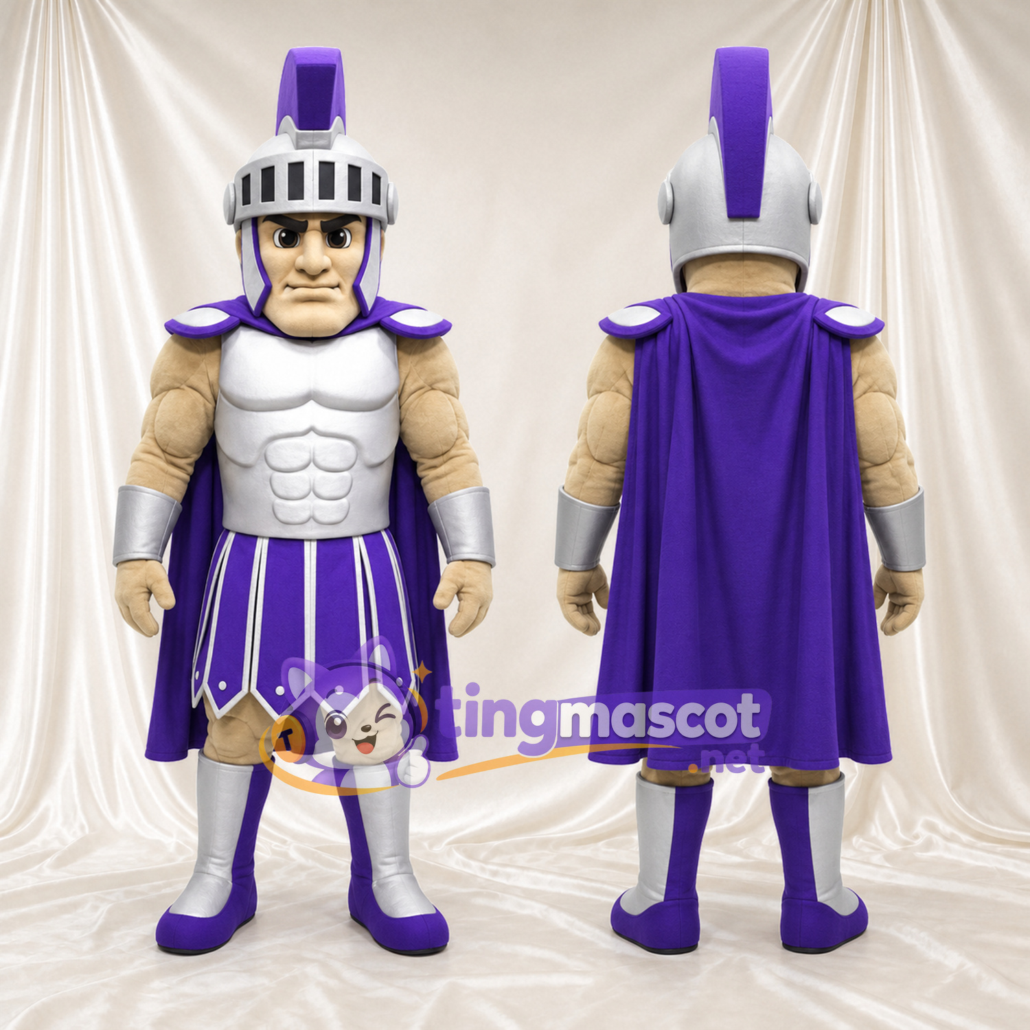 Costume de mascotte Guerrier romain – selon la photo – Armure (argenté); Cape (violet) Costume de mascotte Guerrier romain – selon la photo – Armure (argenté); Cape (violet)