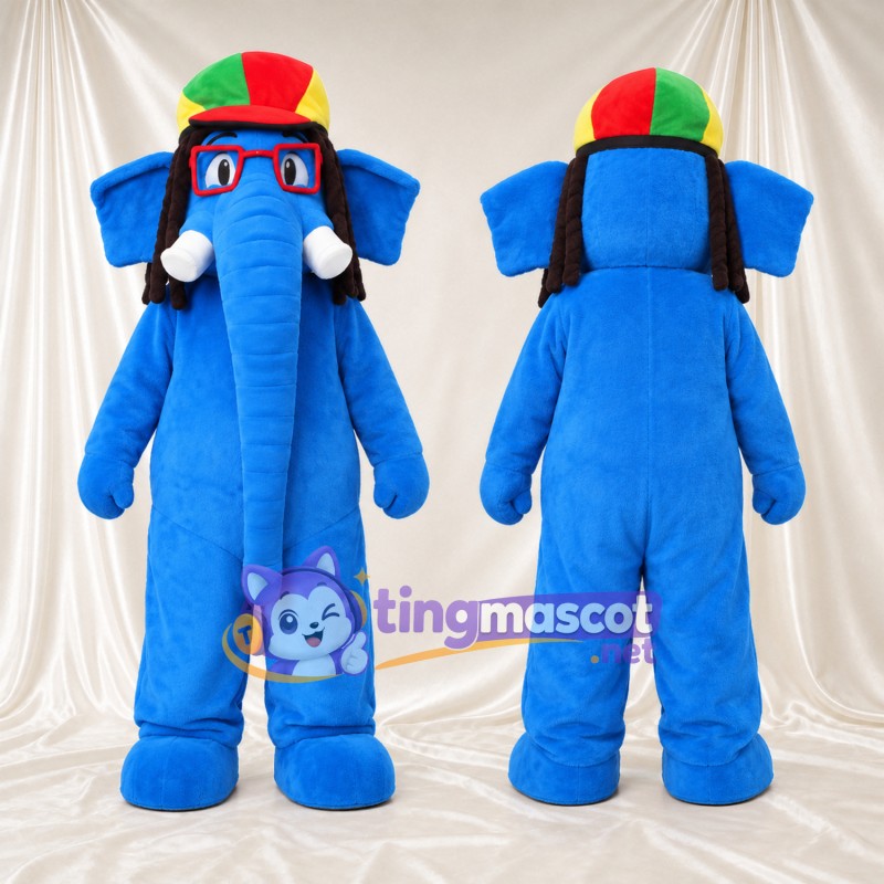 Blue Elephant Mascot Costume - Colorful Cap and Red Glasses