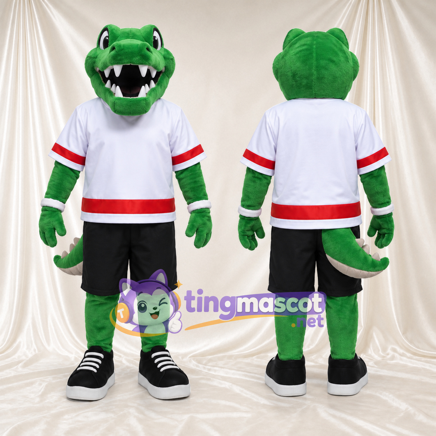 Costume de mascotte Crocodile – vert – Maillot de sport (blanc); Short (noir) Costume de mascotte Crocodile – vert – Maillot de sport (blanc); Short (noir)