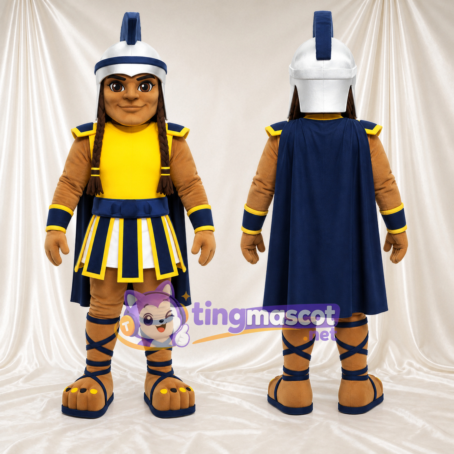 Costume de mascotte Guerrier romain – selon la photo – Armure (jaune); Cape (bleu)