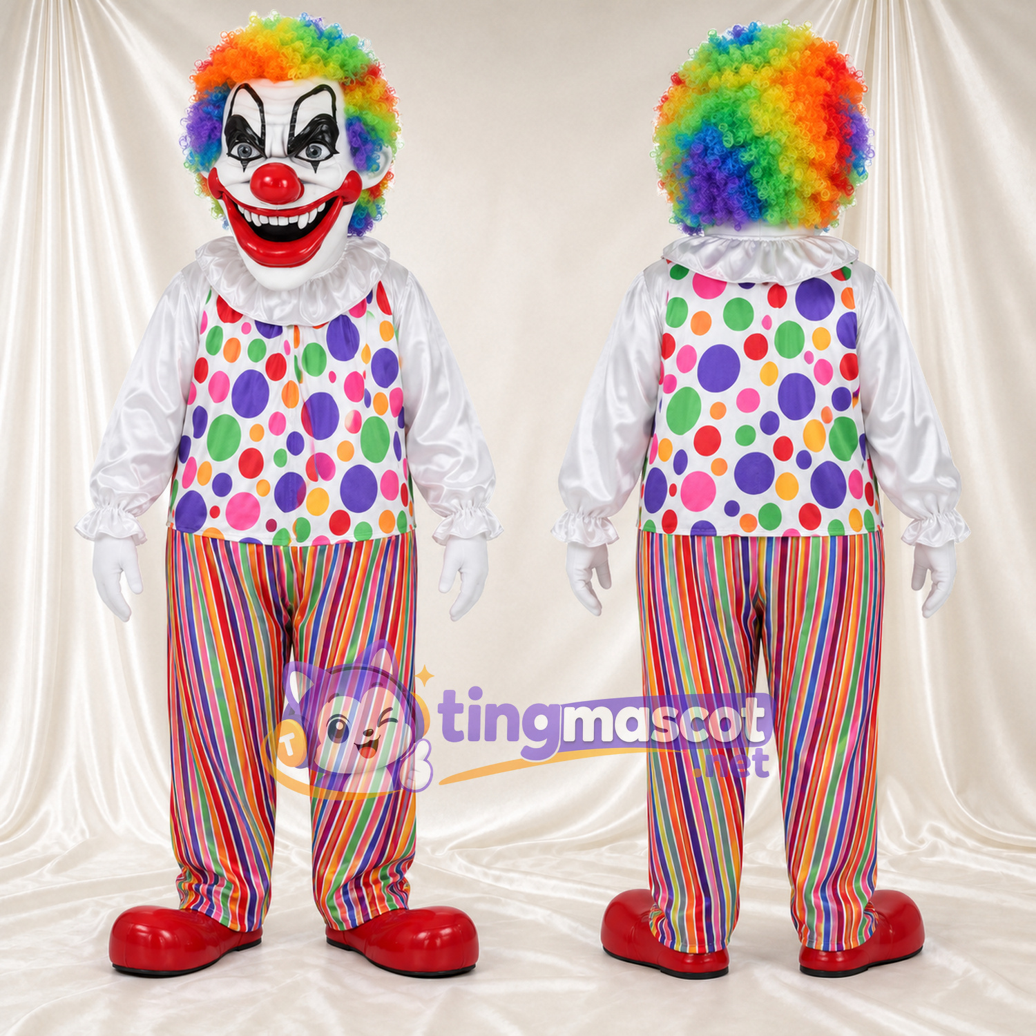 Maskottchenkostüm Clown – wie abgebildet – Haare (regenbogenfarben); Hemd (gepunktet) Maskottchenkostüm Clown – wie abgebildet – Haare (regenbogenfarben); Hemd (gepunktet)