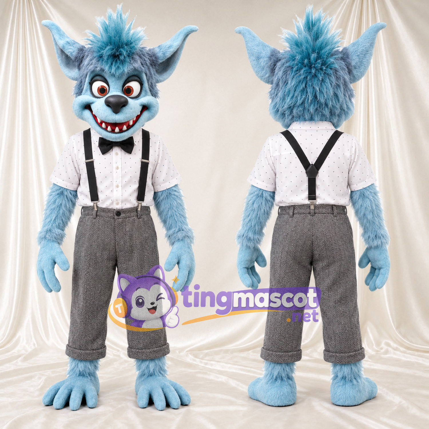 Costume de mascotte Monstre – bleu – Nœud papillon (noir); Pantalon (gris) Costume de mascotte Monstre – bleu – Nœud papillon (noir); Pantalon (gris)
