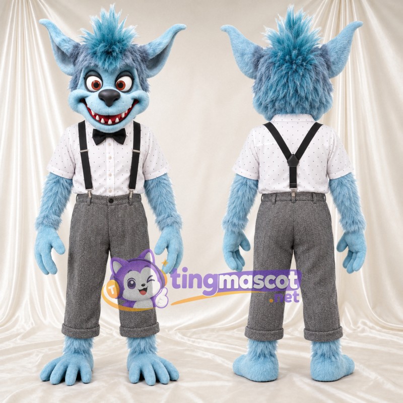 Costume de mascotte Monstre – bleu – Nœud papillon (noir); Pantalon (gris)