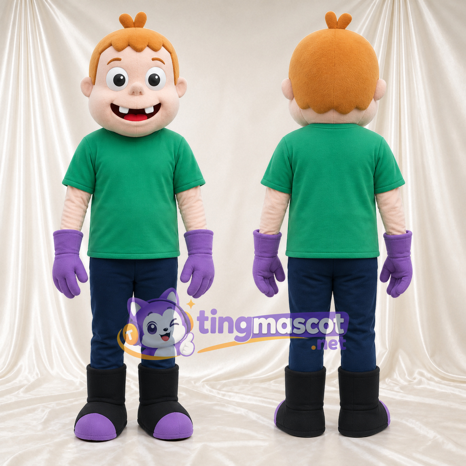 Maskottchenkostüm Jungenfigur – wie abgebildet – Hemd (grün); Handschuhe (violett) Maskottchenkostüm Jungenfigur – wie abgebildet – Hemd (grün); Handschuhe (violett)