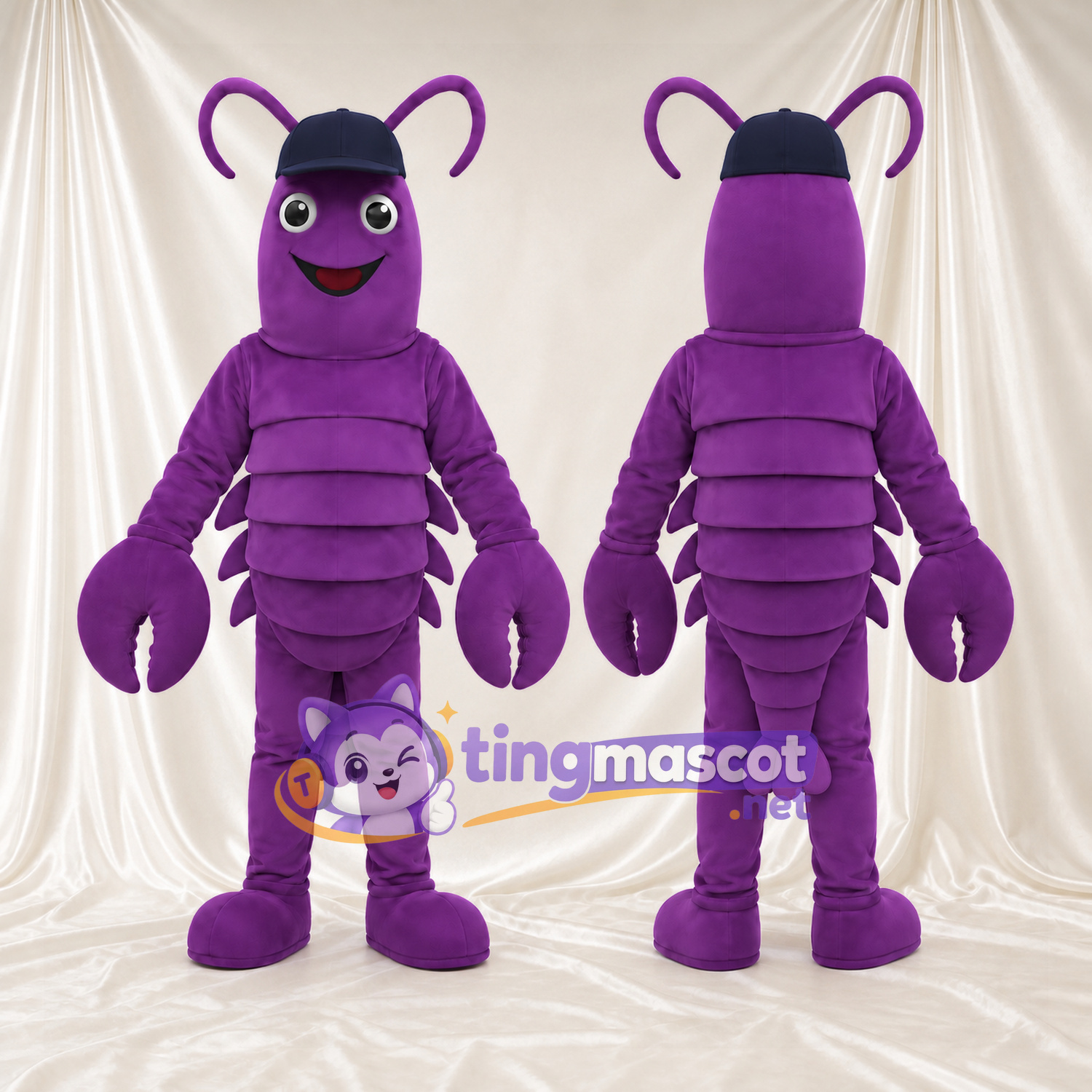 Purple Lobster Mascot Costume - Navy Cap and Curved Antennae Purple Lobster Mascot Costume - Navy Cap and Curved Antennae