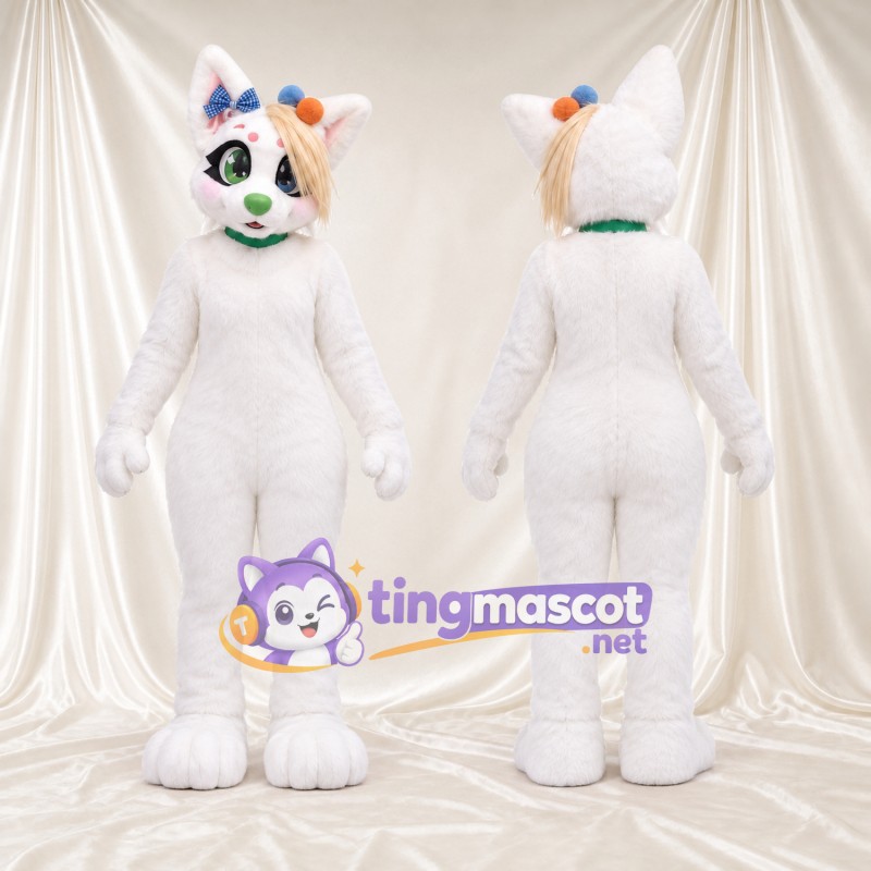 Costume de mascotte Chat – blanc – Cheveux (multicolore); Nez (vert)