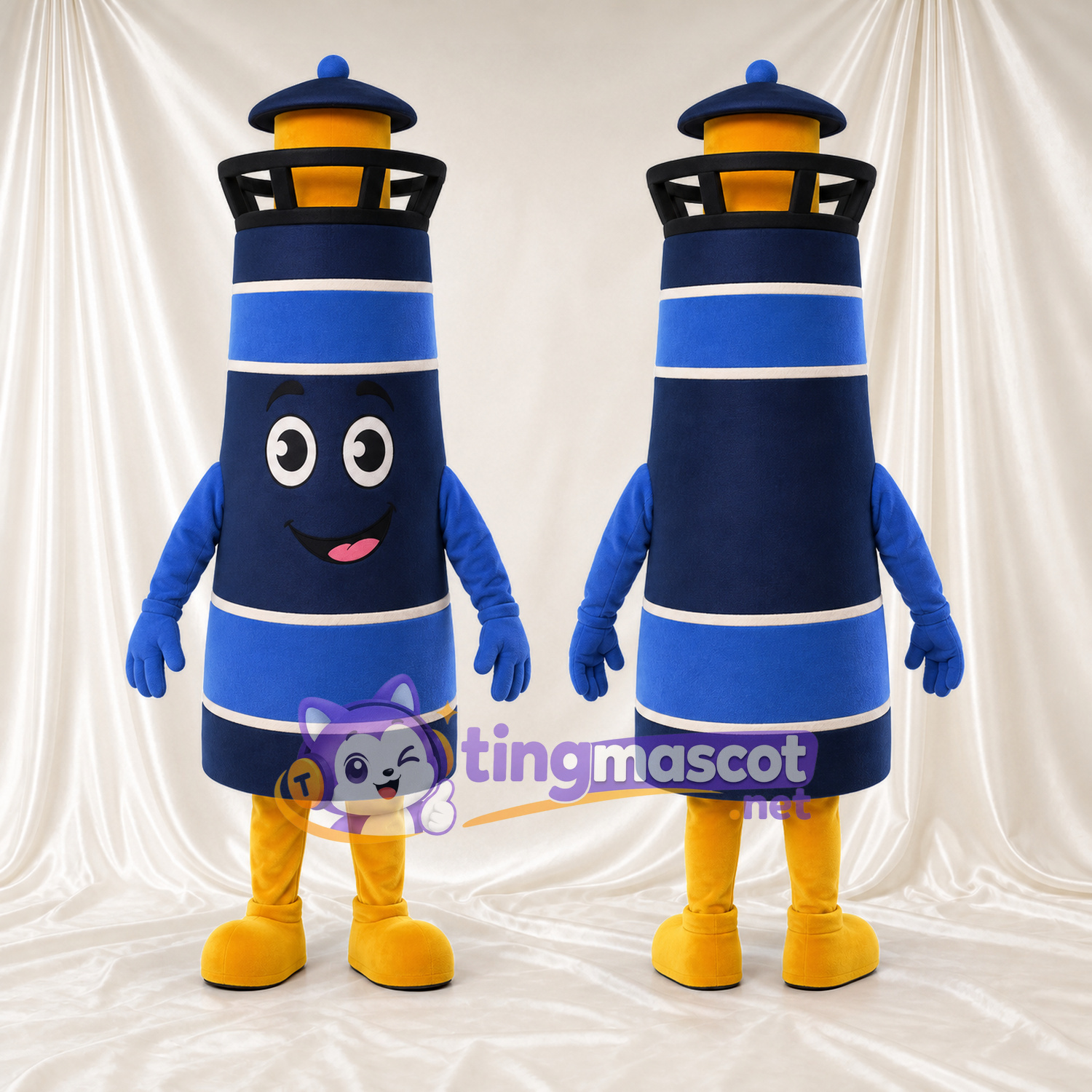 Blue Lighthouse Mascot Costume - Yellow Lantern and White Stripes