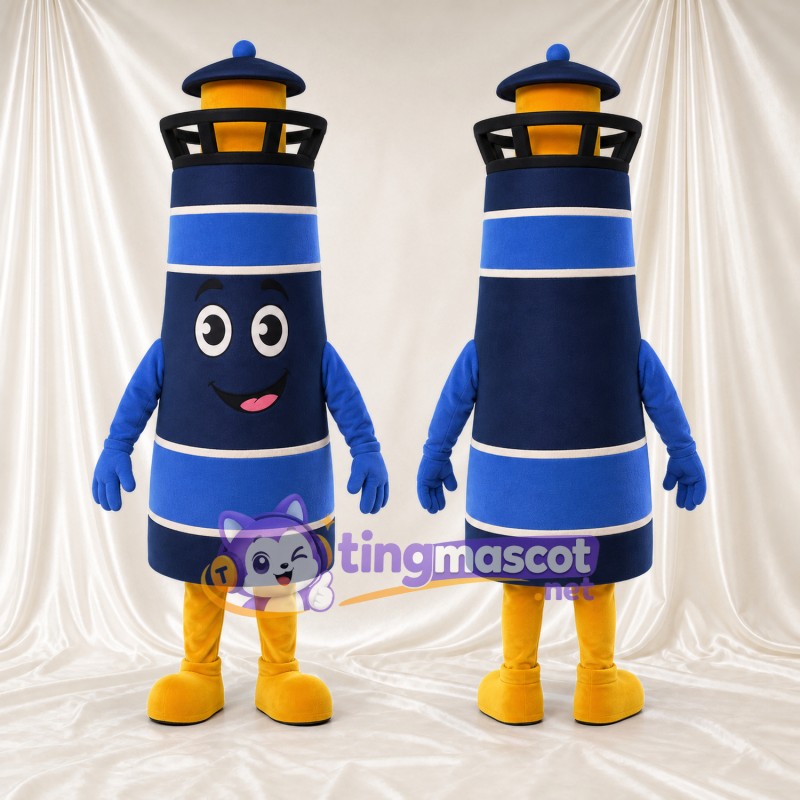 Blue Lighthouse Mascot Costume - Yellow Lantern and White Stripes