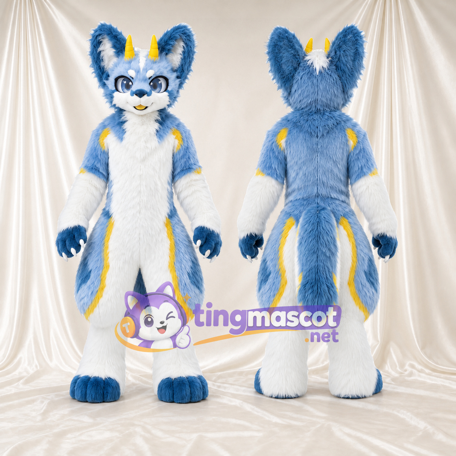 Costume de mascotte Renard – bleu – Touches de couleur (jaune); Longues oreilles Costume de mascotte Renard – bleu – Touches de couleur (jaune); Longues oreilles