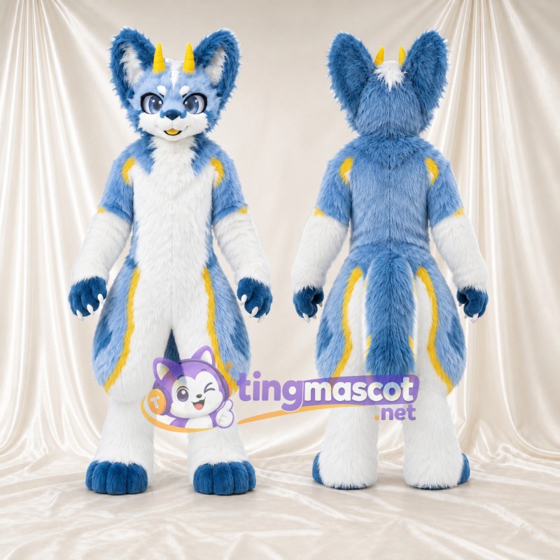 Costume de mascotte Renard – bleu – Touches de couleur (jaune); Longues oreilles