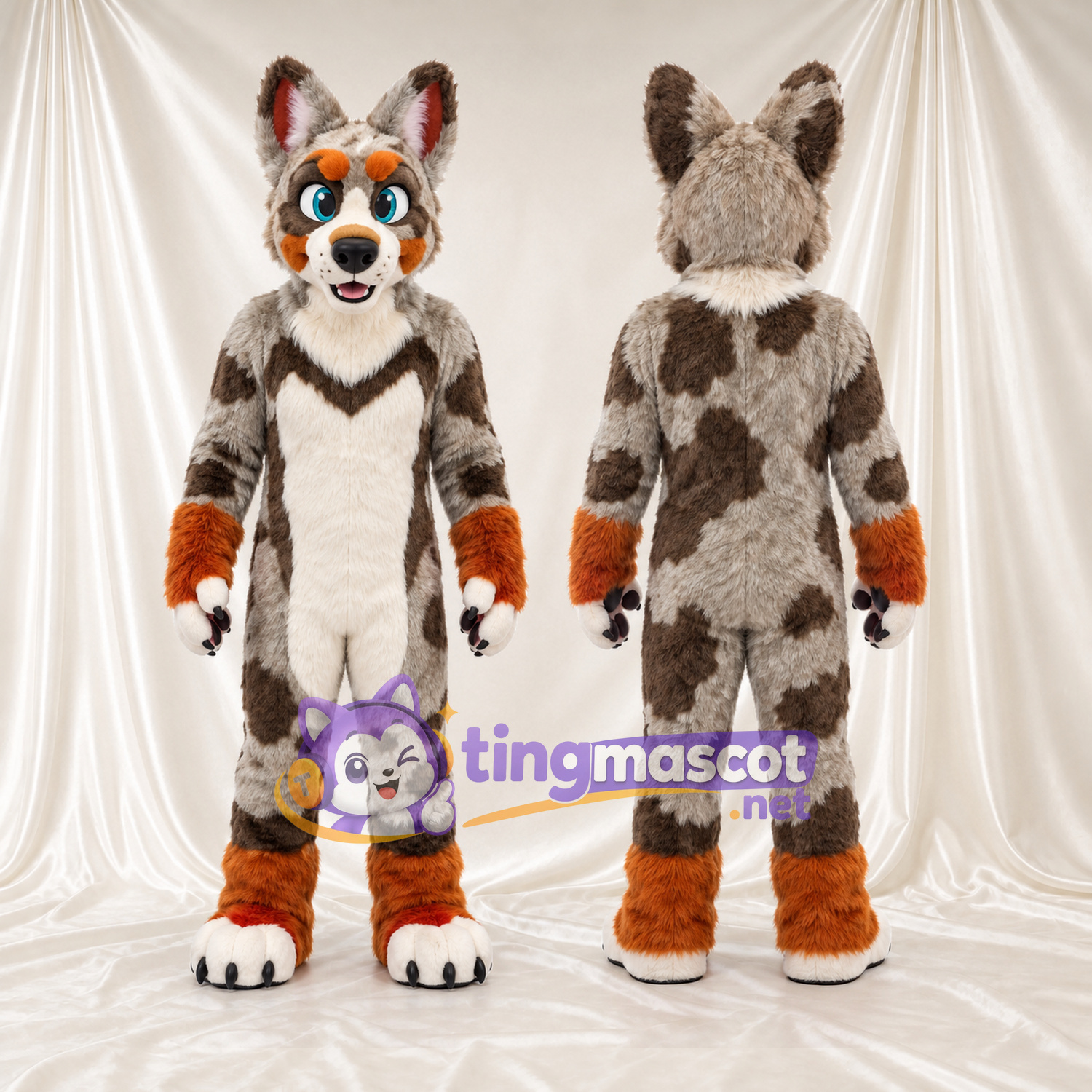 Costume de mascotte Loup – marron – Fourrure (rayé); Fourrure (orange) Costume de mascotte Loup – marron – Fourrure (rayé); Fourrure (orange)