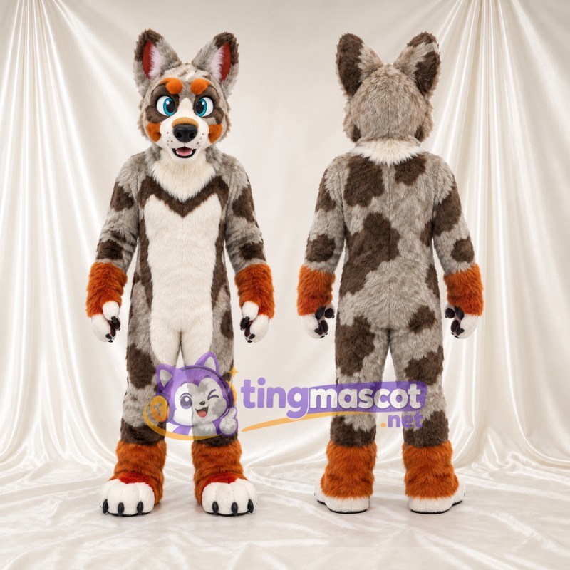 Costume de mascotte Loup – marron – Fourrure (rayé); Fourrure (orange)