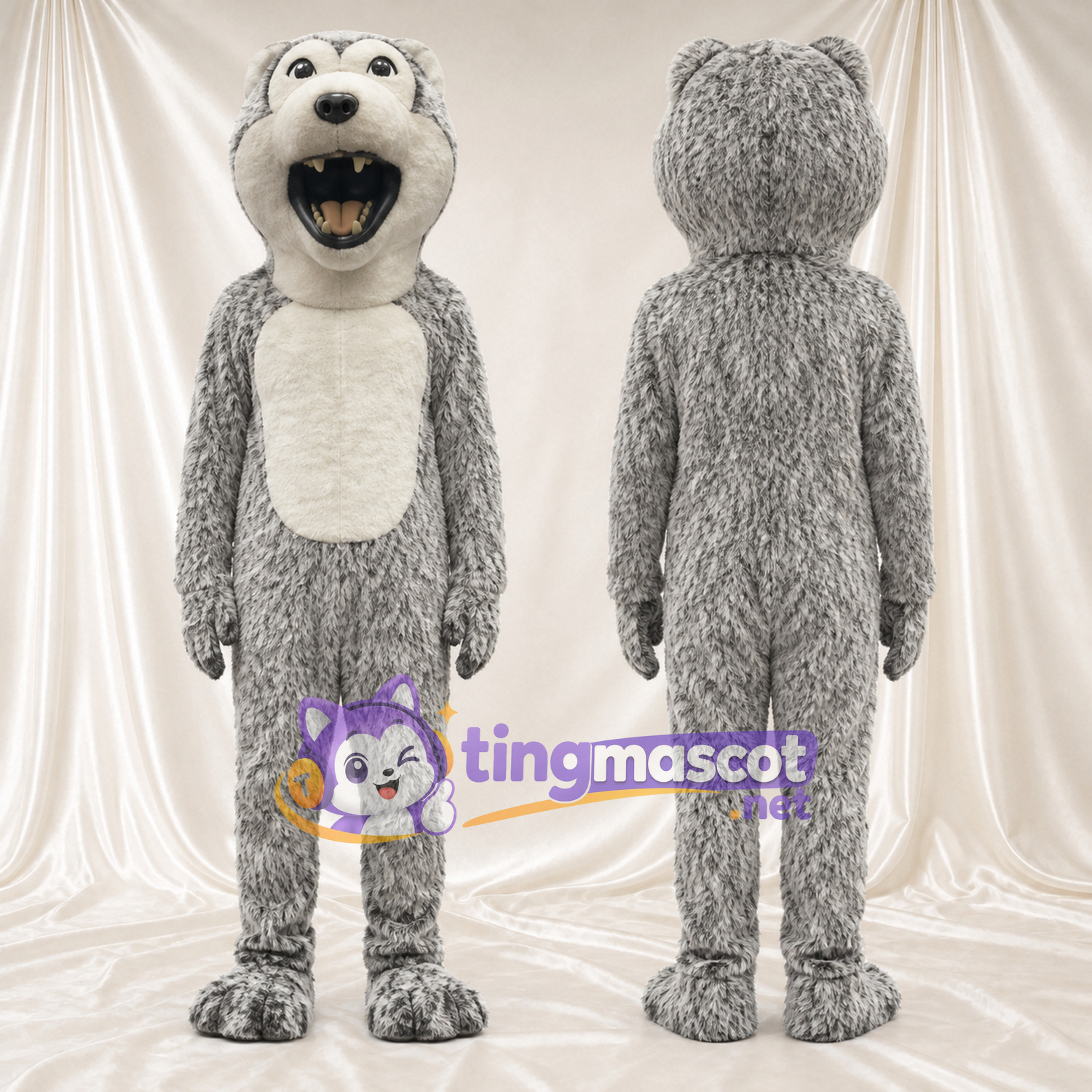 Costume de mascotte Loup – gris – Bouche ouverte (grand); Ventre (crème) Costume de mascotte Loup – gris – Bouche ouverte (grand); Ventre (crème)