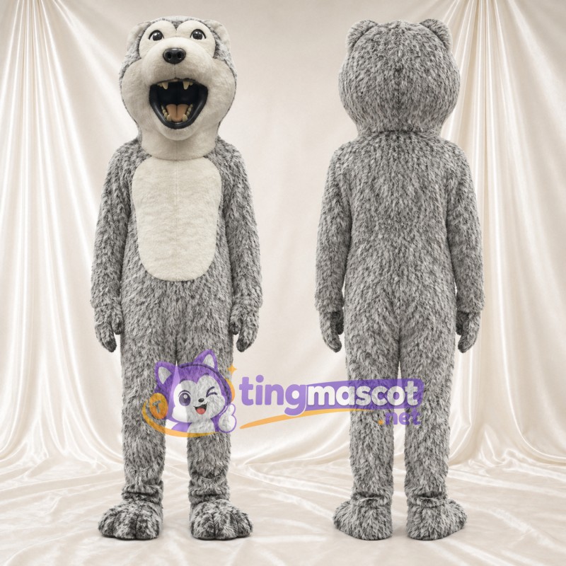 Costume de mascotte Loup – gris – Bouche ouverte (grand); Ventre (crème)