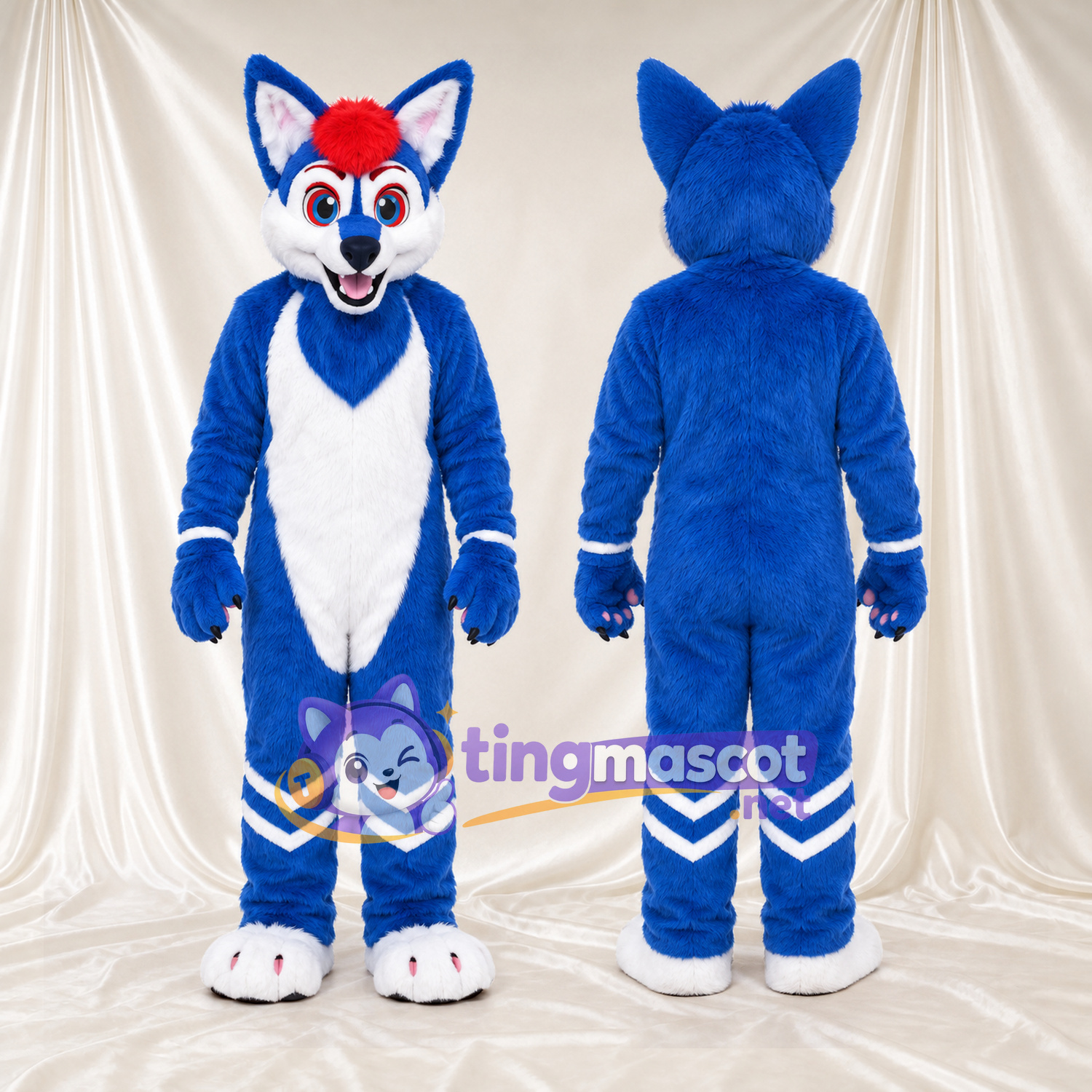 Costume de mascotte Renard – bleu – Mèche sur le front (rouge); Rayures (blanc) Costume de mascotte Renard – bleu – Mèche sur le front (rouge); Rayures (blanc)
