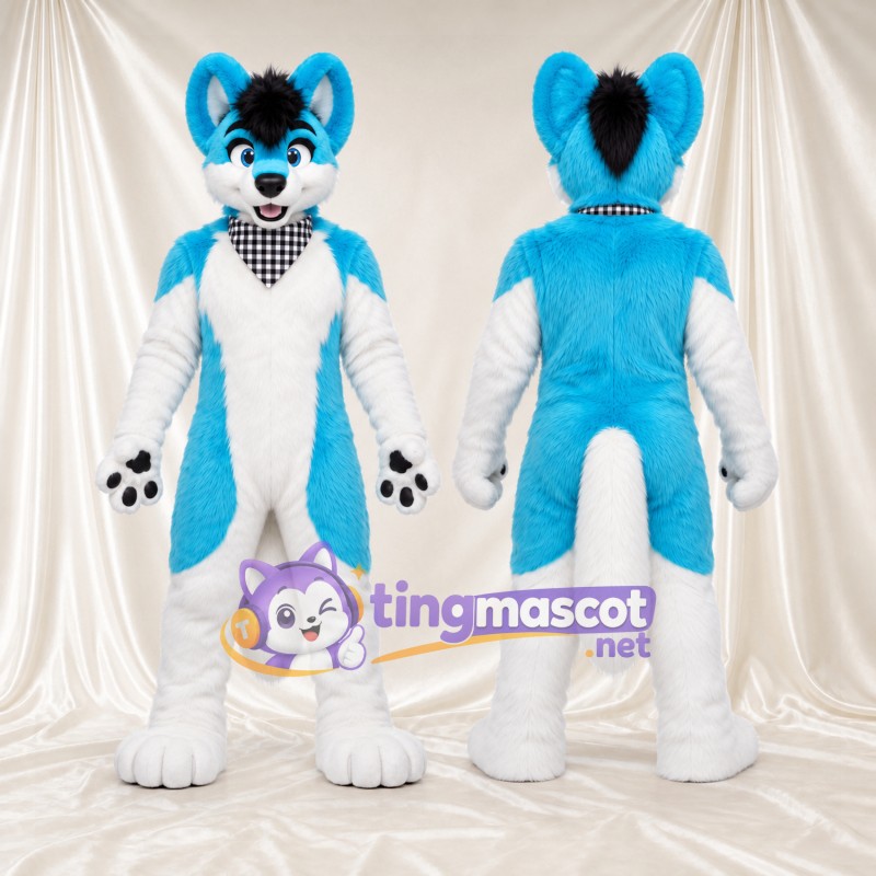 Costume de mascotte Renard – bleu – Bandana; Mèche sur le front (noir)