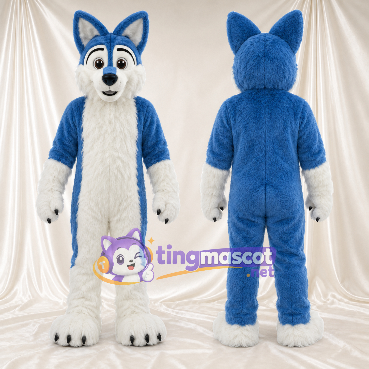 Costume de mascotte Loup – bleu / blanc – Torse (hirsute); Oreilles (grand) Costume de mascotte Loup – bleu / blanc – Torse (hirsute); Oreilles (grand)