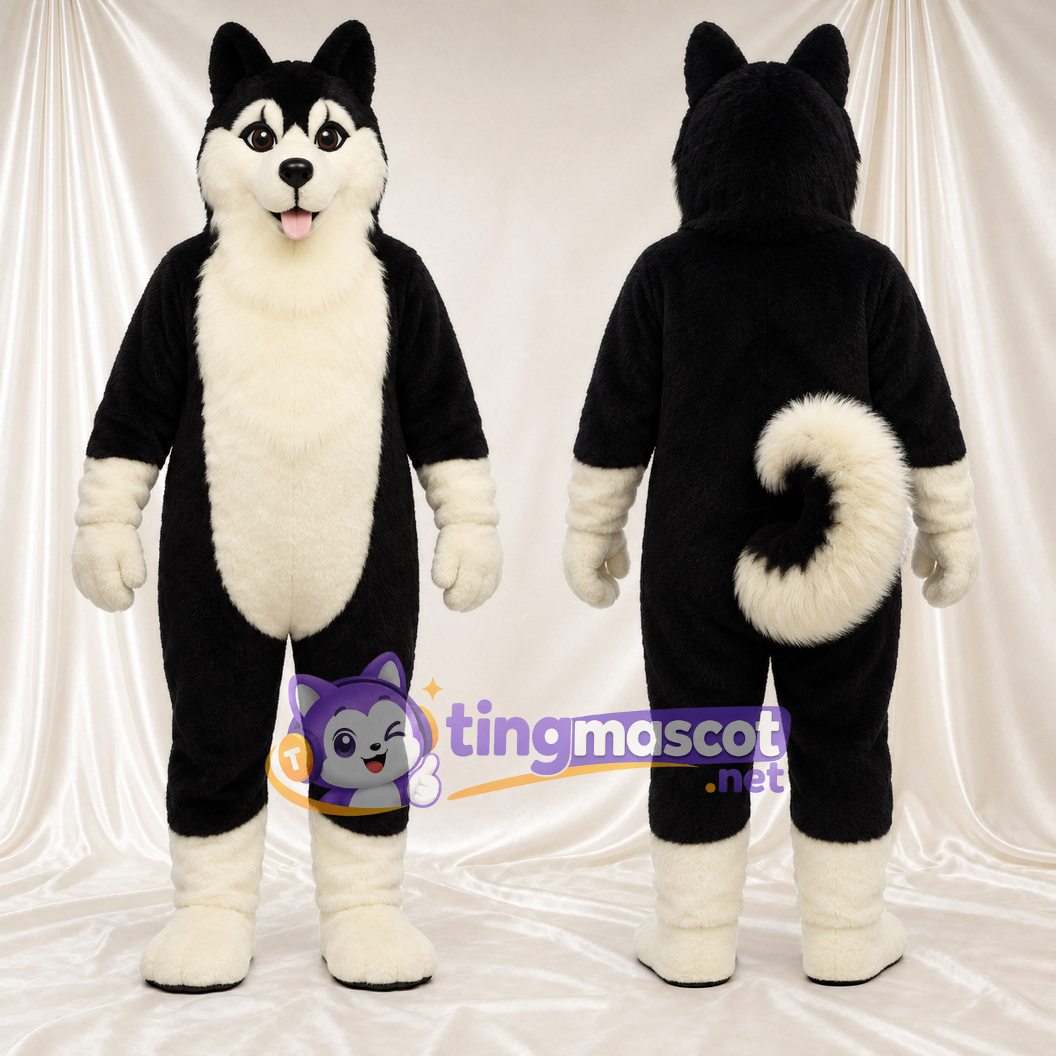 Black and White Husky Mascot Costume - Cream Chest and Tongue-Out Smile Black and White Husky Mascot Costume - Cream Chest and Tongue-Out Smile