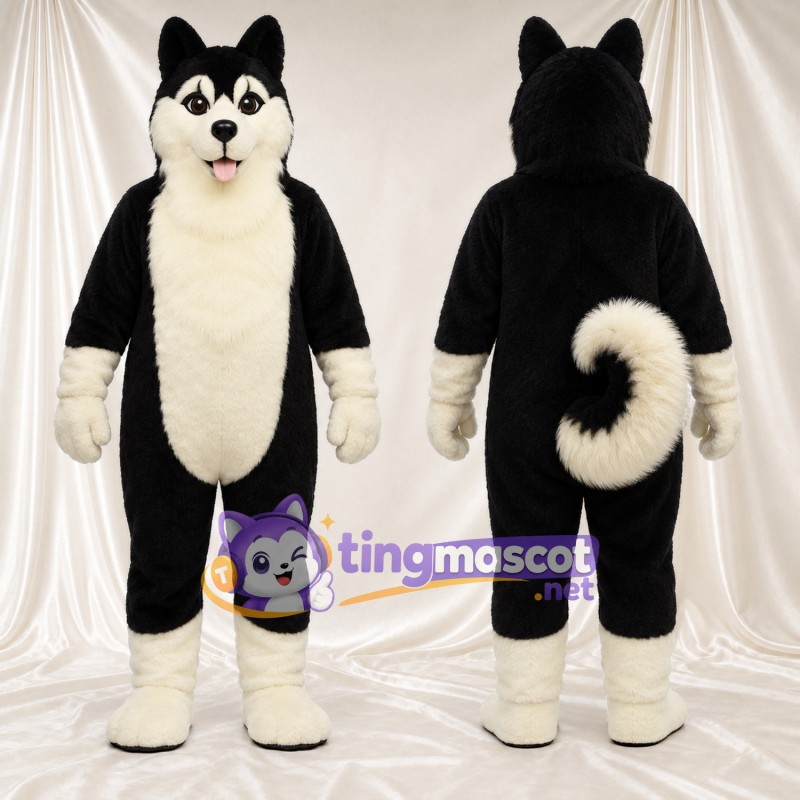 Black and White Husky Mascot Costume - Cream Chest and Tongue-Out Smile