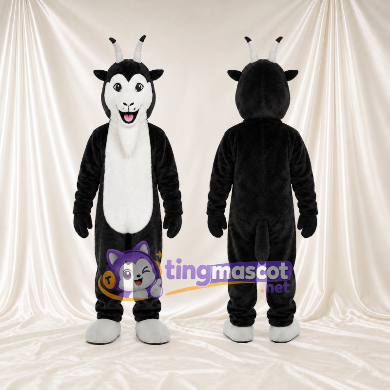 Black and White Goat Mascot Costume - Short Horns and Smiling Face