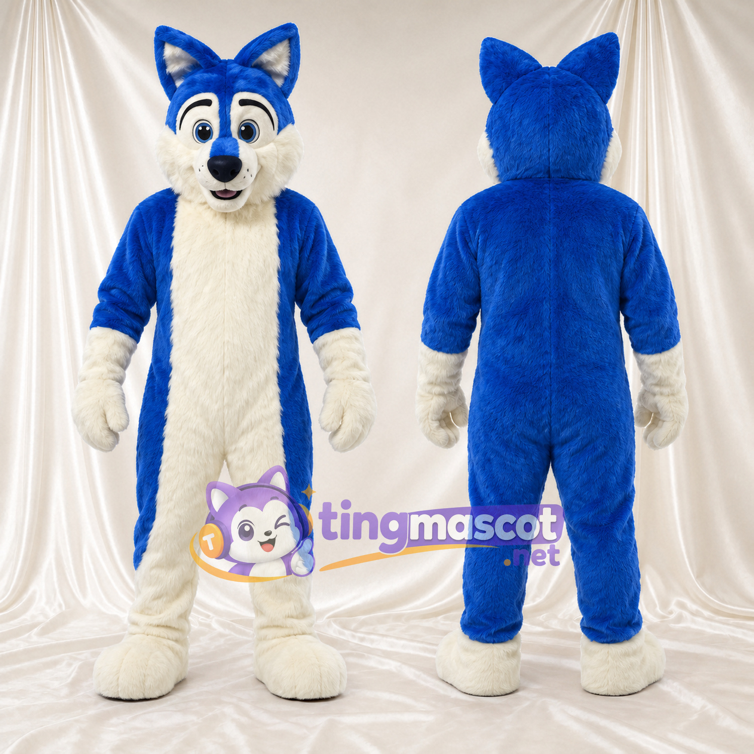 Costume de mascotte Loup – bleu / blanc – Devant (crème); Nez (bleu) Costume de mascotte Loup – bleu / blanc – Devant (crème); Nez (bleu)