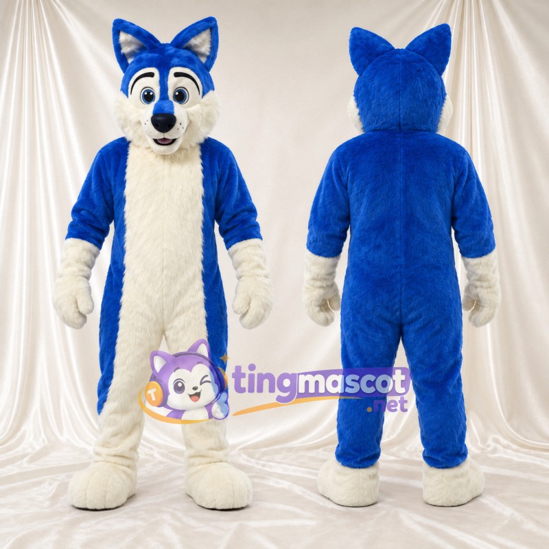 Costume de mascotte Loup – bleu / blanc – Devant (crème); Nez (bleu)