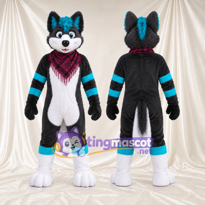 Black and Blue Fox Mascot Costume - Burgundy Checked Bandana