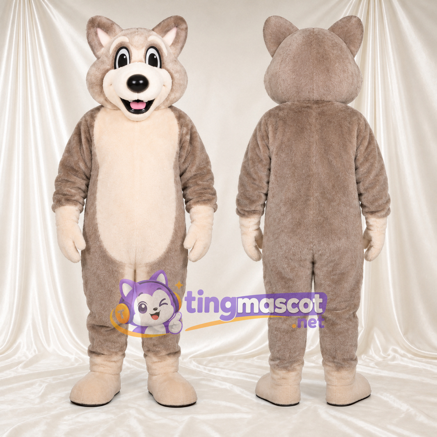 Costume de mascotte Loup – brun clair – Ventre (crème); Sourire Costume de mascotte Loup – brun clair – Ventre (crème); Sourire