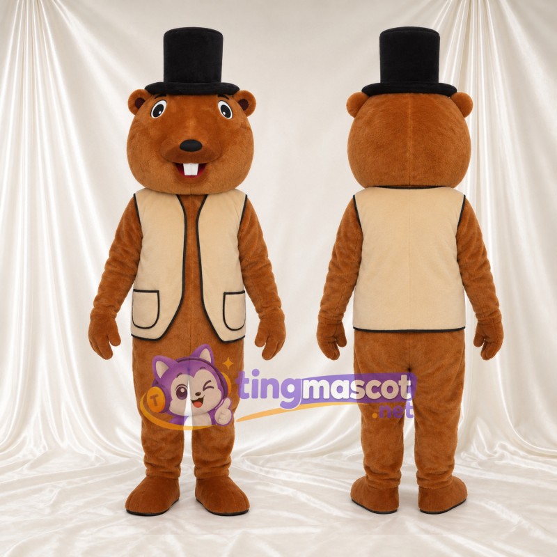 Costume de mascotte Castor – marron – Haut-de-forme (noir); Gilet (brun clair)