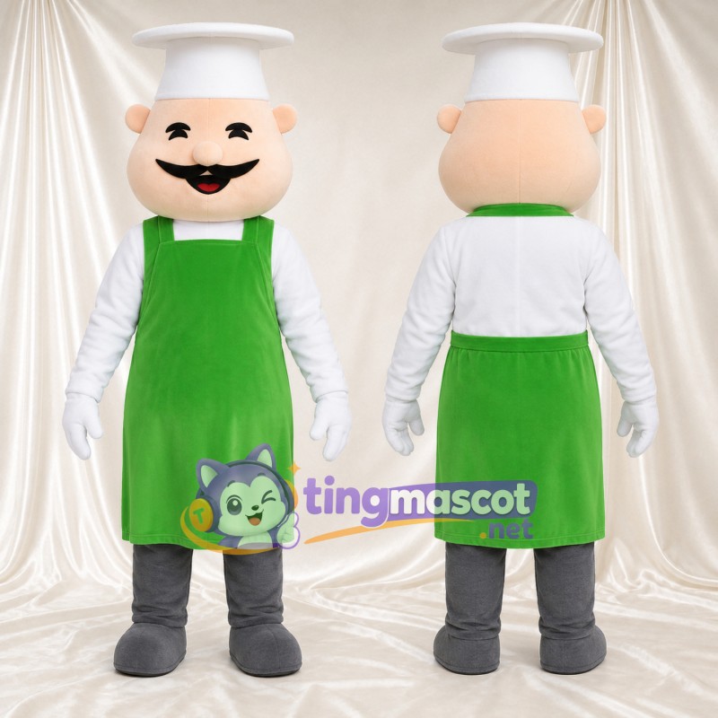 Chef Character Mascot Costume - Green Apron and Tall White Hat