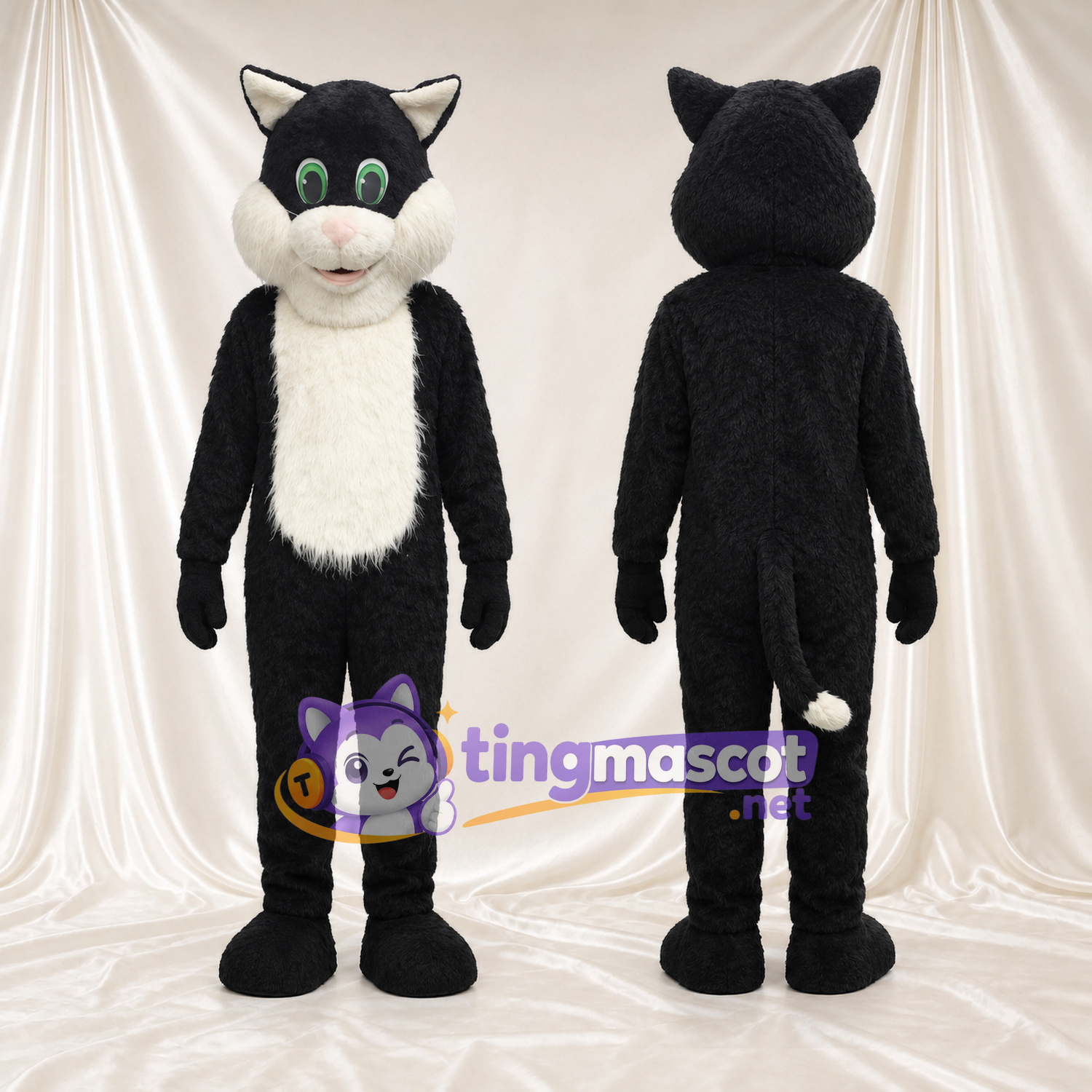 Black and White Cat Mascot Costume - Green Eyes and White Chest Black and White Cat Mascot Costume - Green Eyes and White Chest