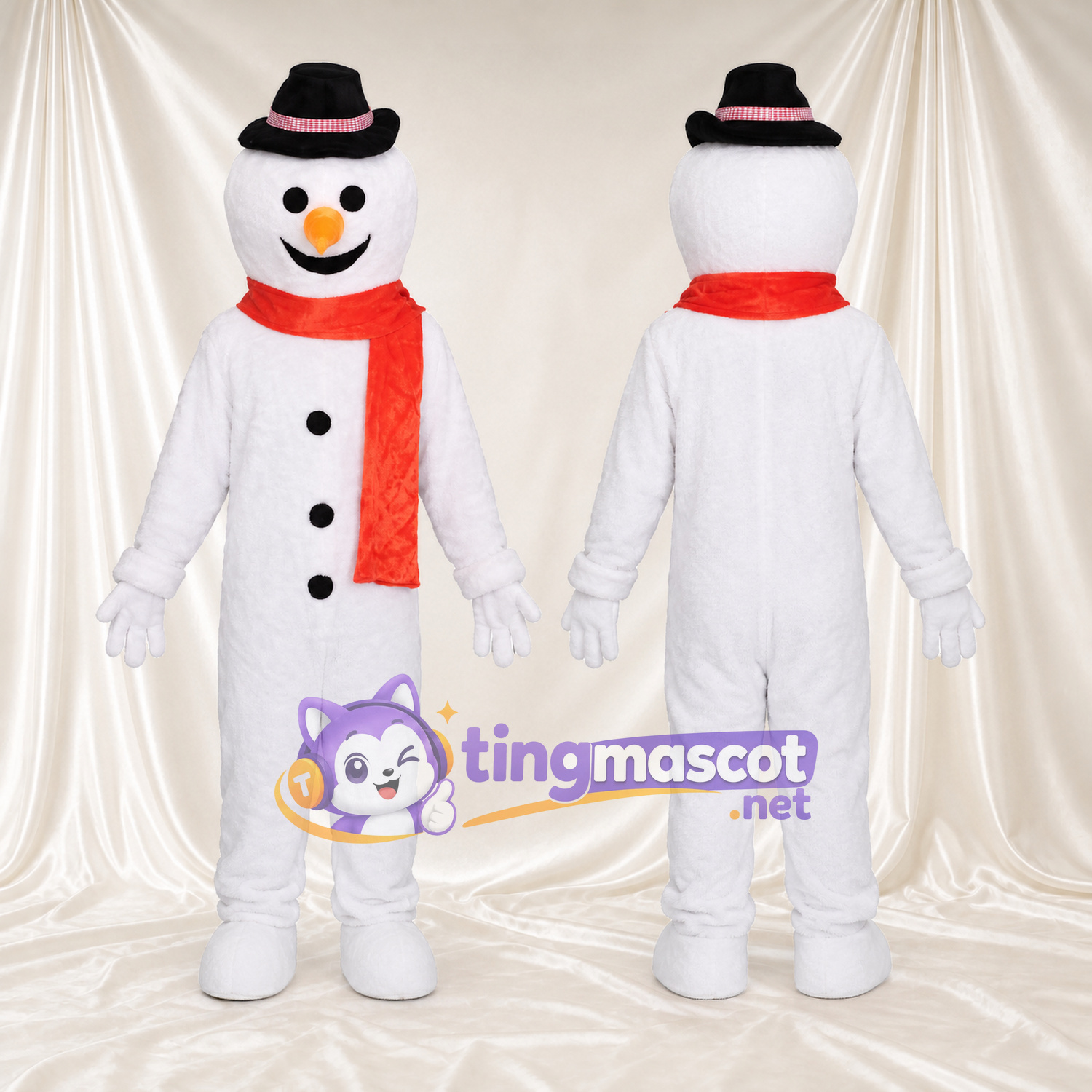 Snowman Mascot Costume - Black Hat and Long Red Scarf Snowman Mascot Costume - Black Hat and Long Red Scarf
