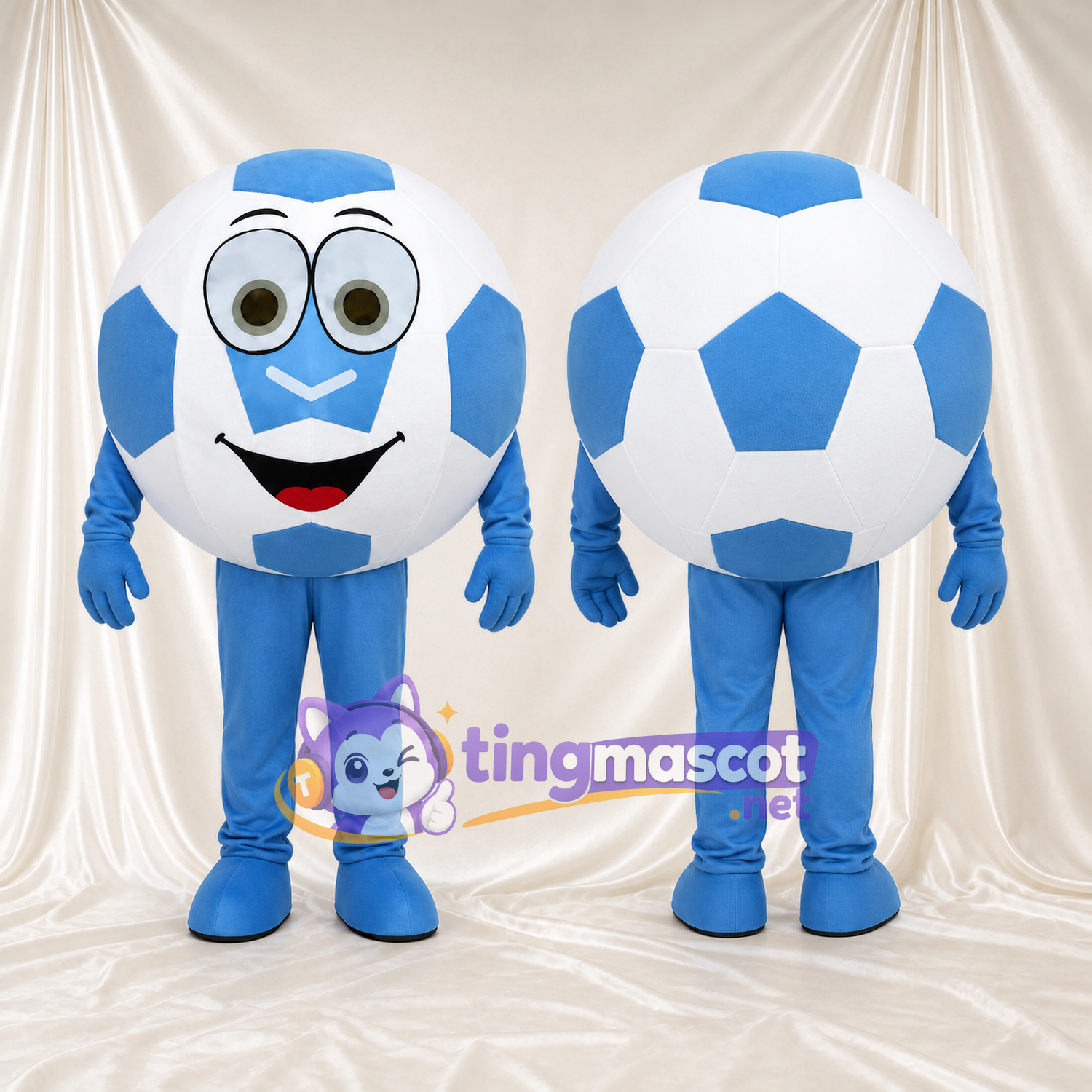 Costume de mascotte Ballon de football – bleu / blanc – Visage souriant; Membres (bleu) Costume de mascotte Ballon de football – bleu / blanc – Visage souriant; Membres (bleu)