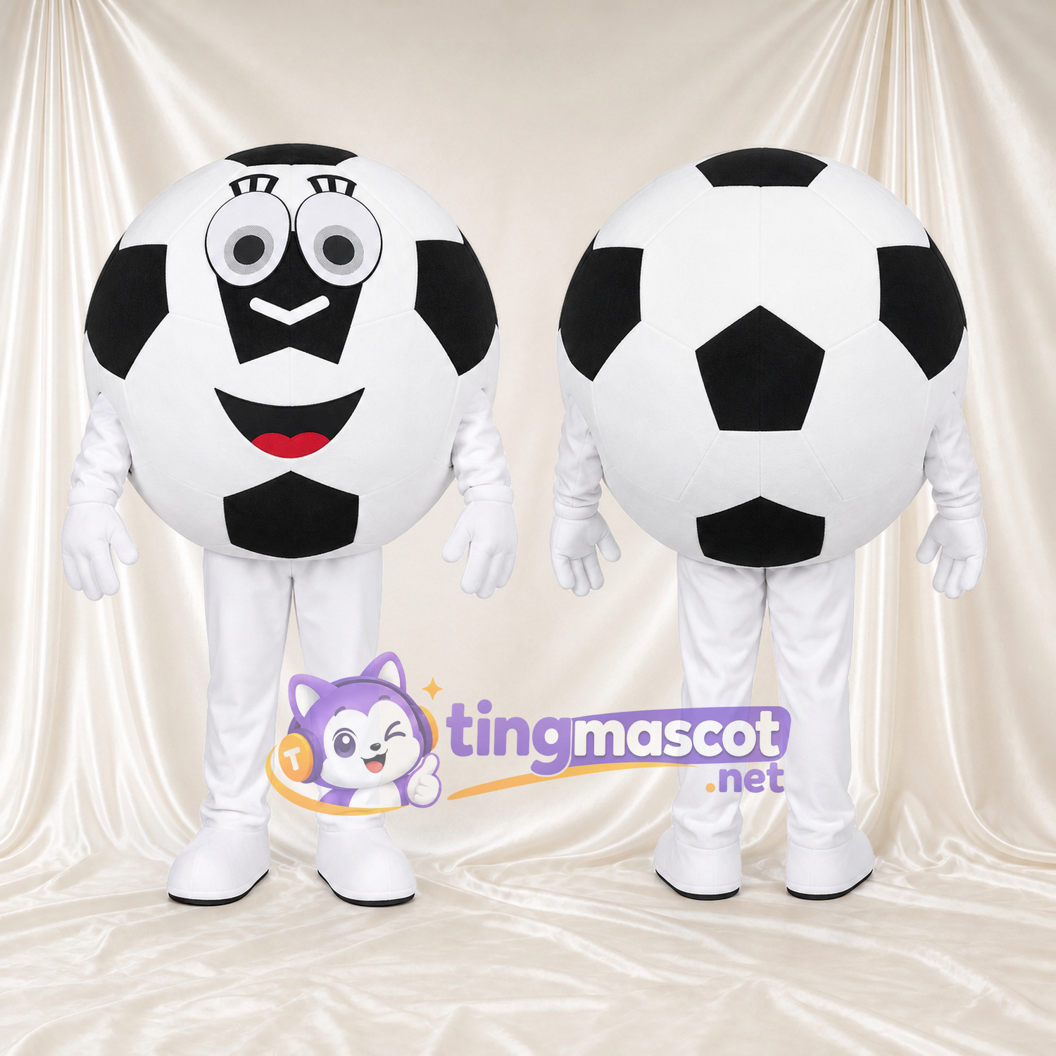 Costume de mascotte Ballon de football – noir / blanc – Membres (blanc); Visage souriant Costume de mascotte Ballon de football – noir / blanc – Membres (blanc); Visage souriant