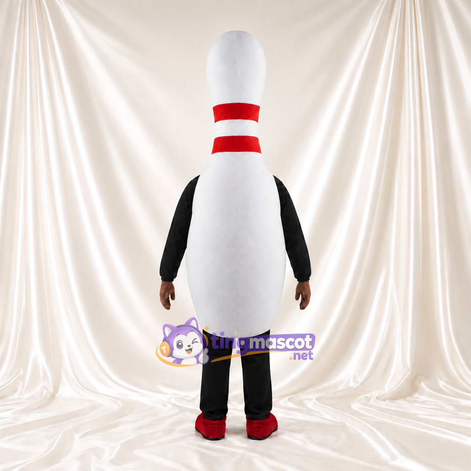 Maskottchenkostüm Bowlingkegel – weiß – Hals (rot); Streifen; Beine (schwarz) Maskottchenkostüm Bowlingkegel – weiß – Hals (rot); Streifen; Beine (schwarz)