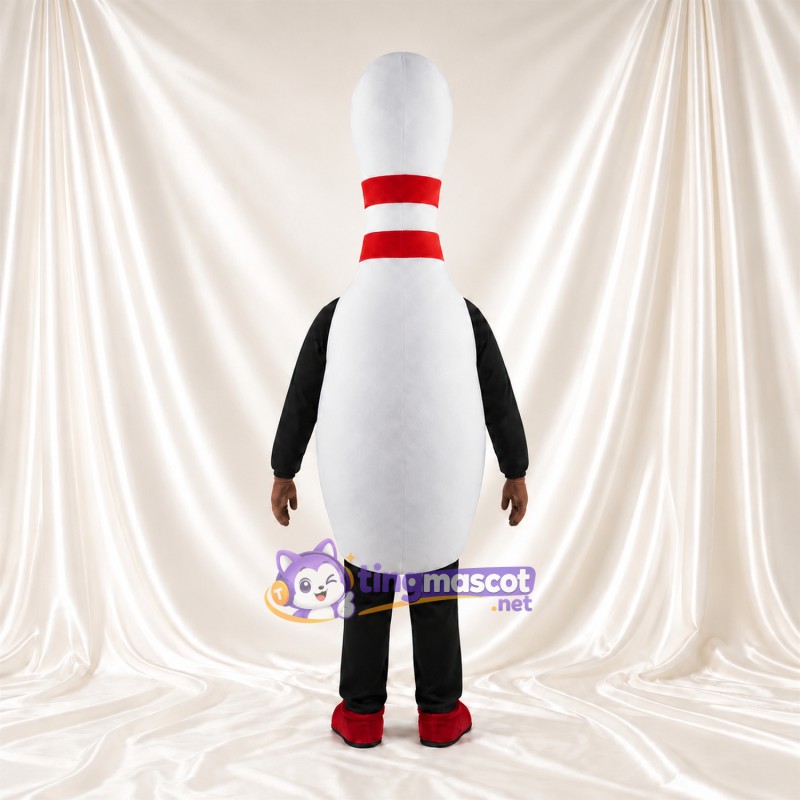 Maskottchenkostüm Bowlingkegel – weiß – Hals (rot); Streifen; Beine (schwarz) Maskottchenkostüm Bowlingkegel – weiß – Hals (rot); Streifen; Beine (schwarz)