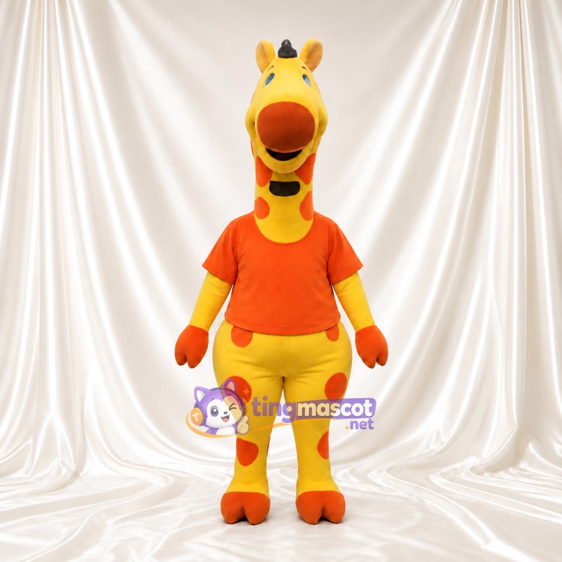 Costume de mascotte Girafe – jaune – Chemise (orange); Taches (rond, orange) Costume de mascotte Girafe – jaune – Chemise (orange); Taches (rond, orange)