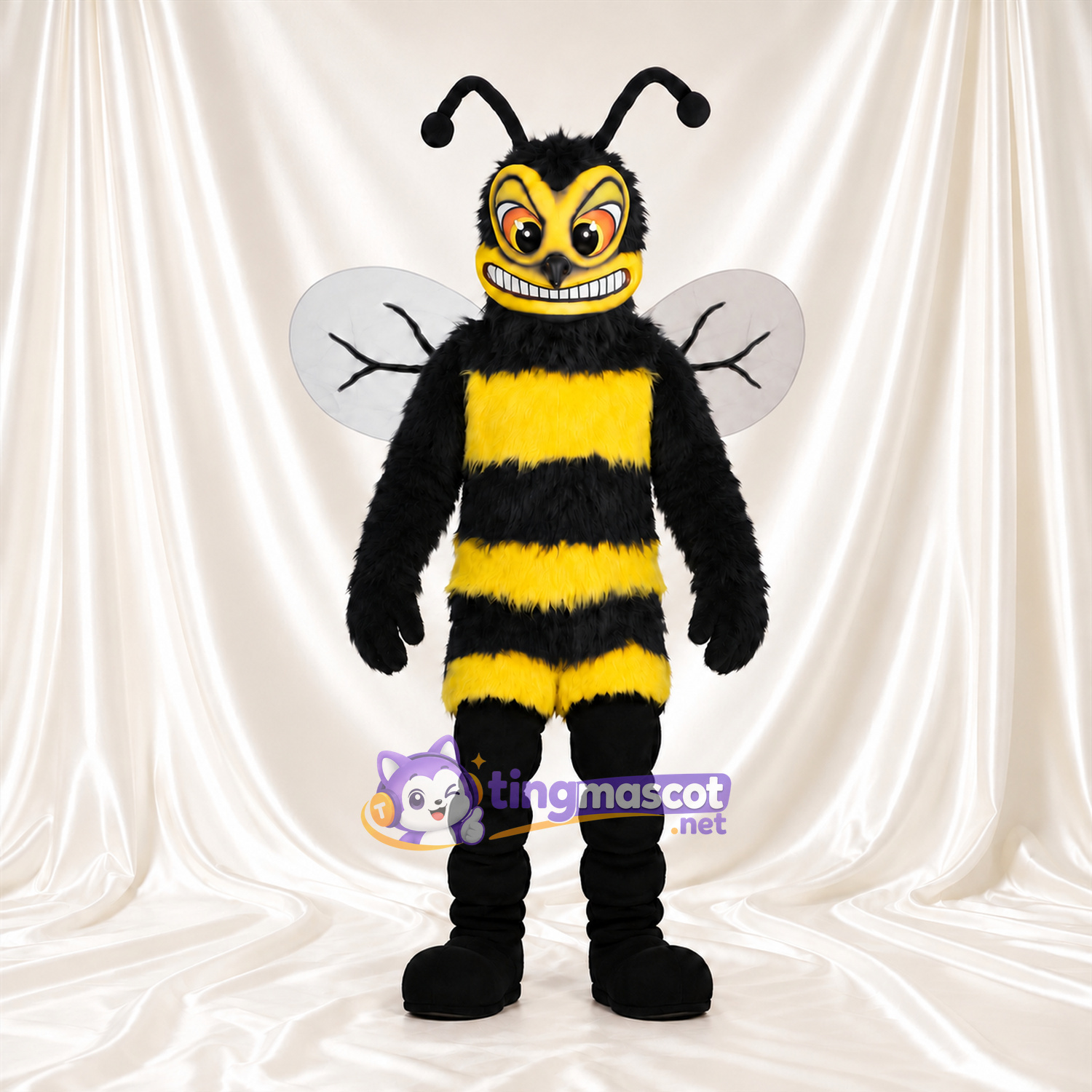 Costume de mascotte Abeille – jaune / noir – Ailes (blanc); Visage (avec dents) Costume de mascotte Abeille – jaune / noir – Ailes (blanc); Visage (avec dents)