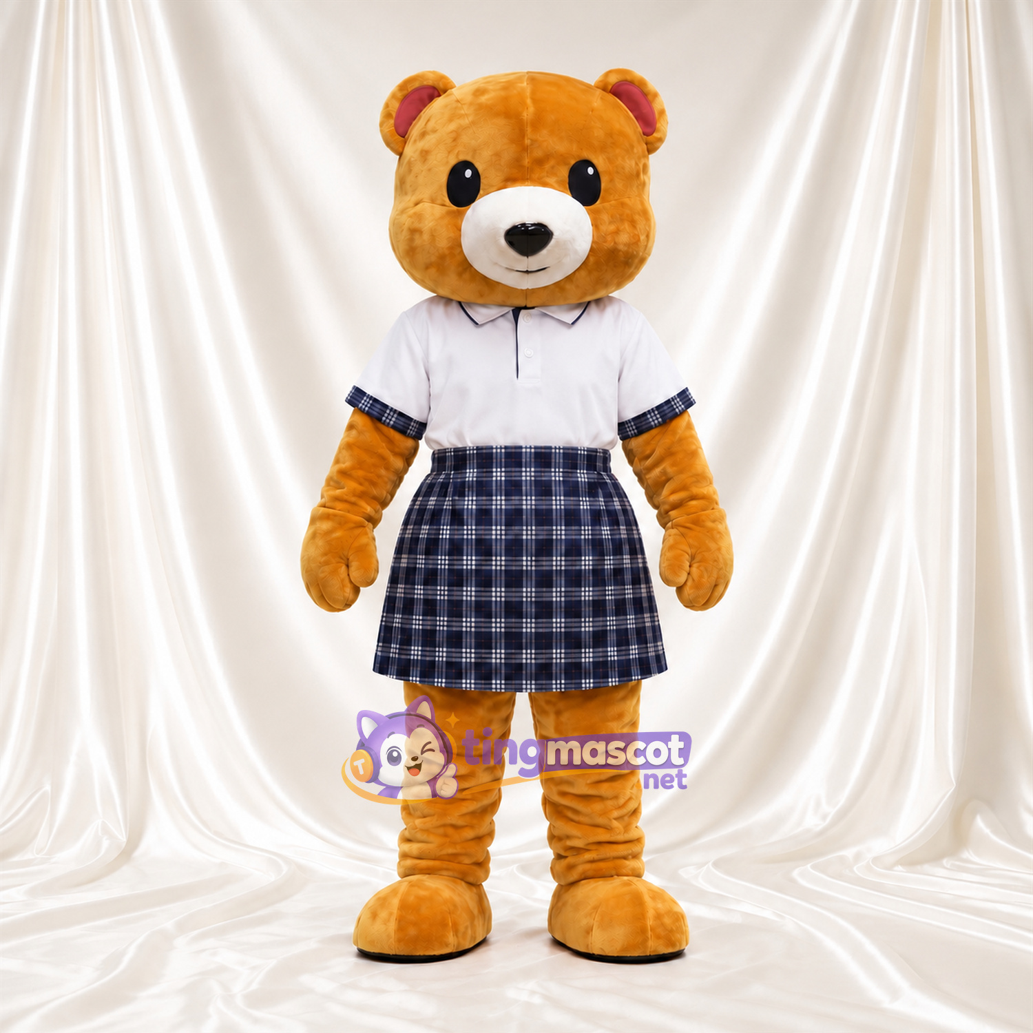 Golden Bear Mascot Costume - White Polo Shirt and Plaid Skirt Golden Bear Mascot Costume - White Polo Shirt and Plaid Skirt
