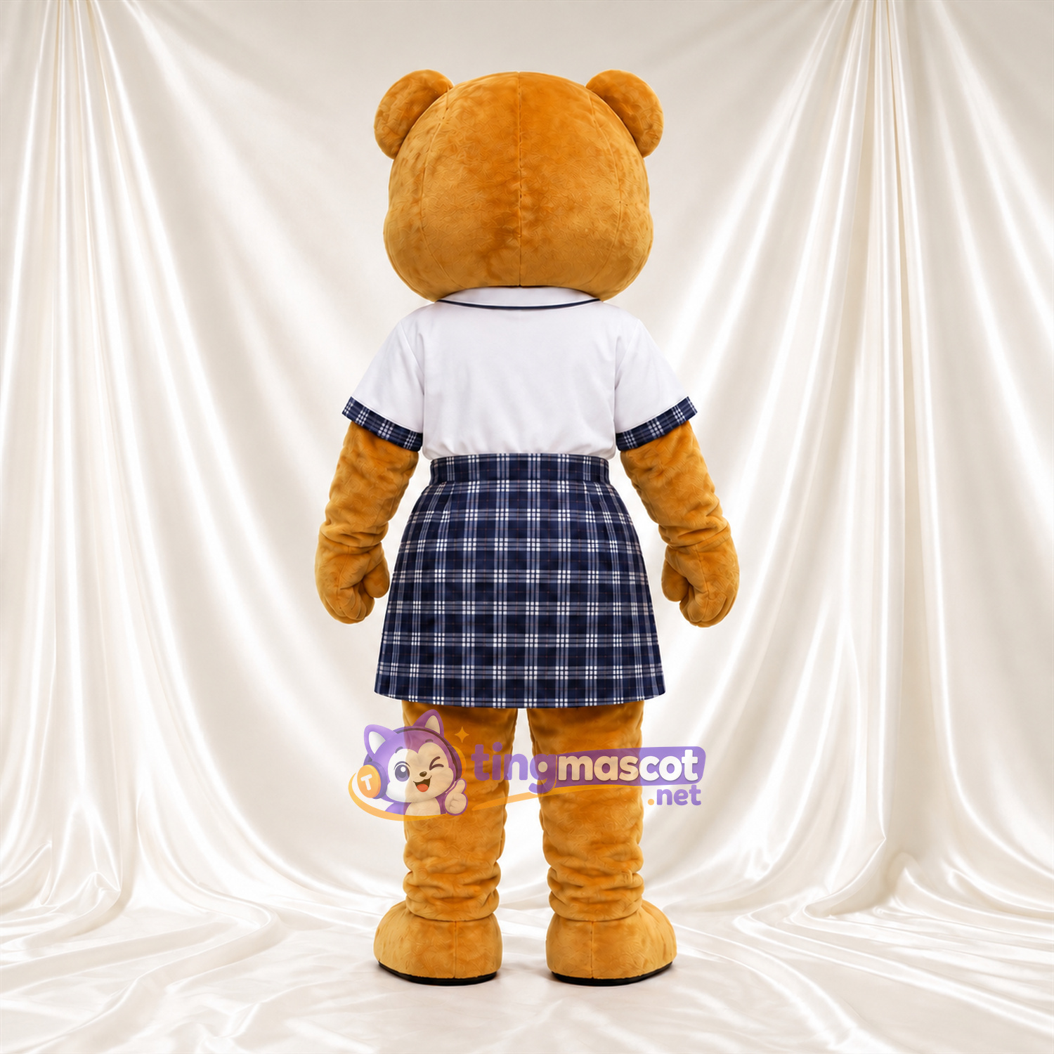 Golden Bear Mascot Costume - White Polo Shirt and Plaid Skirt Golden Bear Mascot Costume - White Polo Shirt and Plaid Skirt