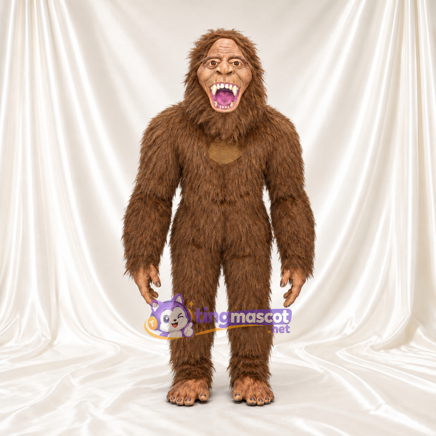 Costume de mascotte Bigfoot – marron – Fourrure hirsute; Bouche ouverte (large) Costume de mascotte Bigfoot – marron – Fourrure hirsute; Bouche ouverte (large)