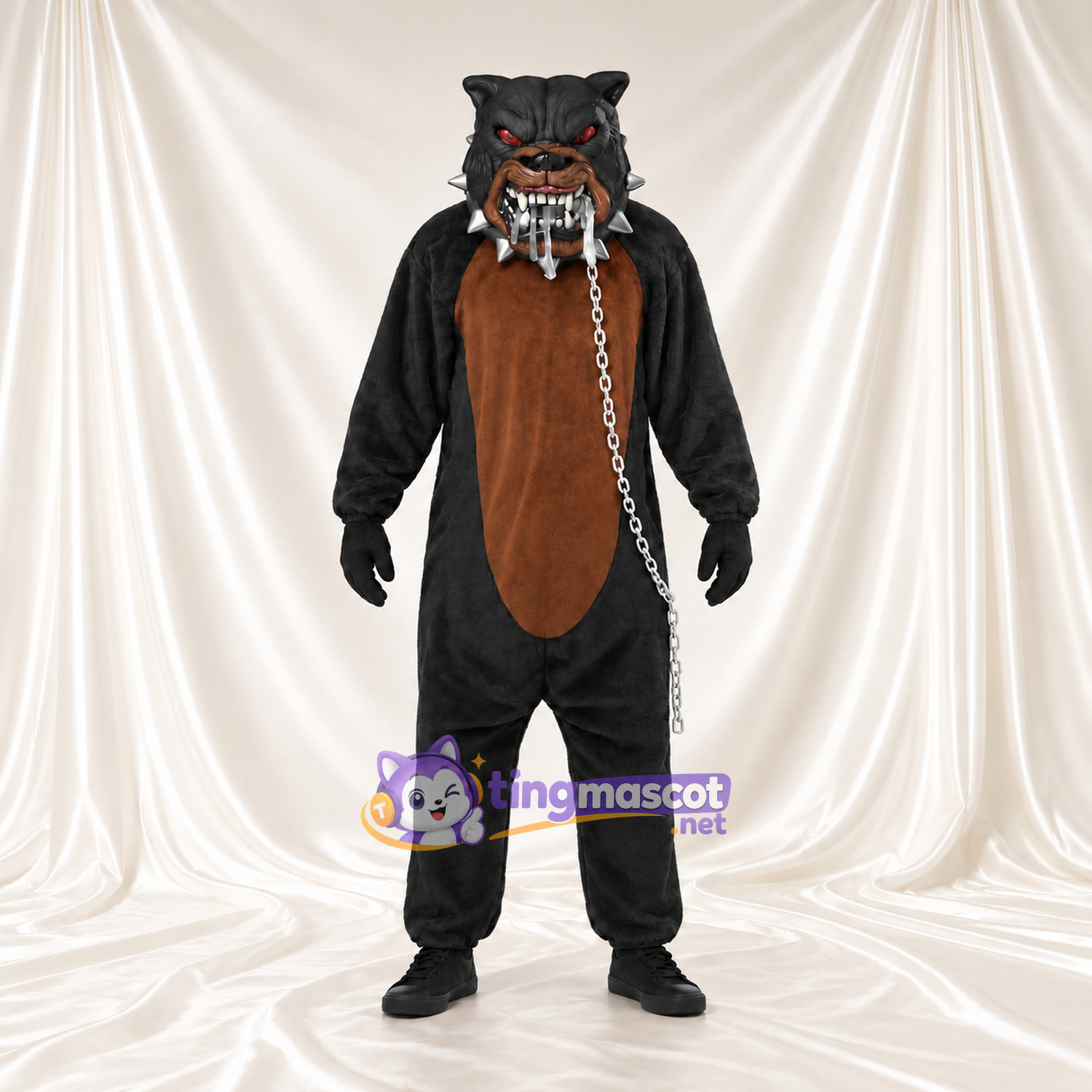 Costume de mascotte Loup – noir – Chaîne; Museau; Ventre (marron) Costume de mascotte Loup – noir – Chaîne; Museau; Ventre (marron)
